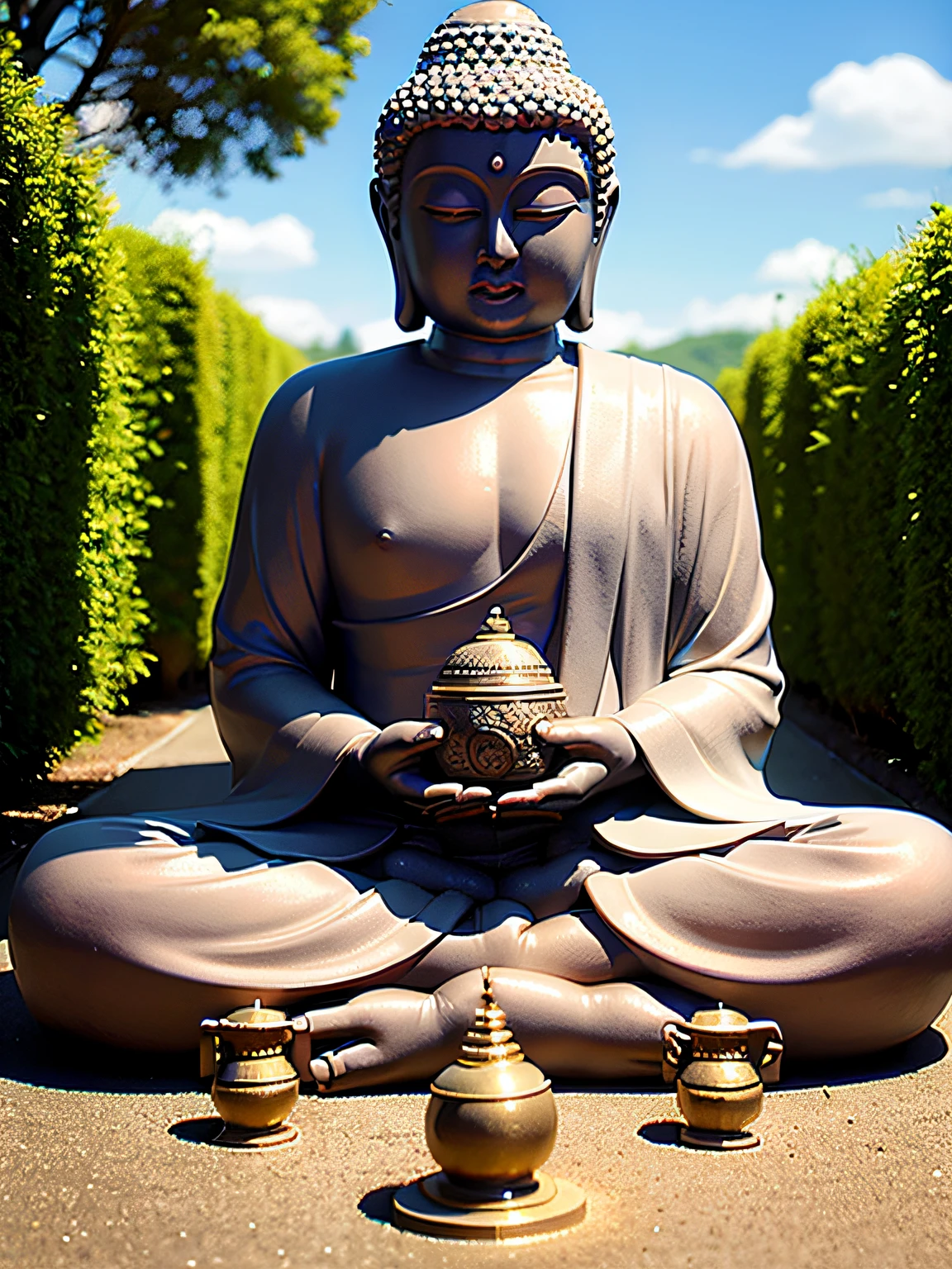 on a grassy field，flowers blooming，The sky is blue，The background is blue sky，​​clouds，There is the sun in the sky，There is a huge white Buddha statue on a lotus base，The Buddha statue clasped his hands together，Shoot from a distance，，rays of sunshine，フォトリアリスティック