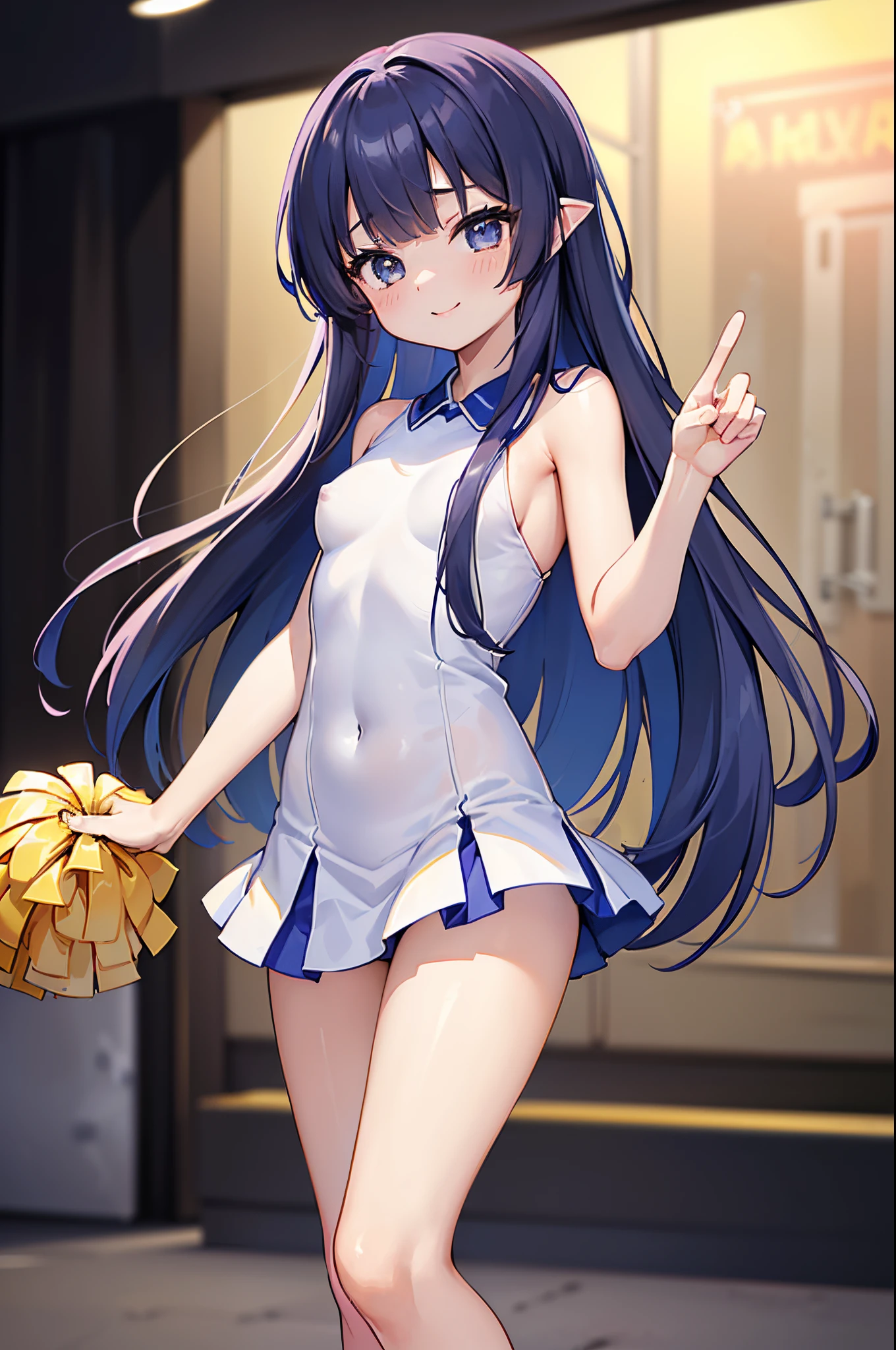 ((4k、8k、top-quality、Perfect Finger:1.3、Perfect Anatomy:1.3、Blur the background))、((sixteen years old、Small breasts、Cute droopy eyes、stright long hair、A slender))、(cheerleaders)、Angle where the whole body is depicted、Dance School、glad、happiness、a smile、
