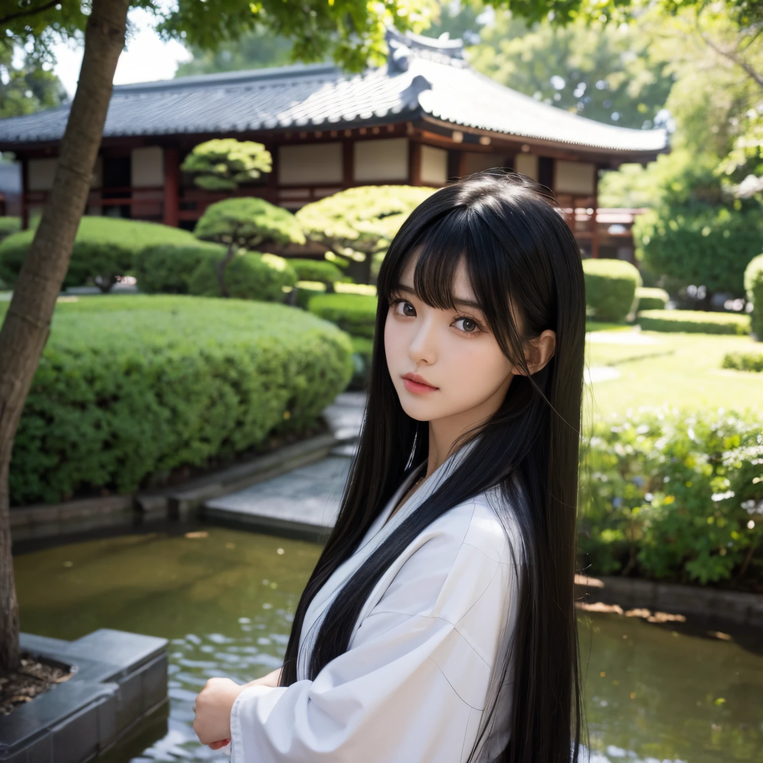 Girl with medium-long black hair, bangs, dark green eyes, Japanese style