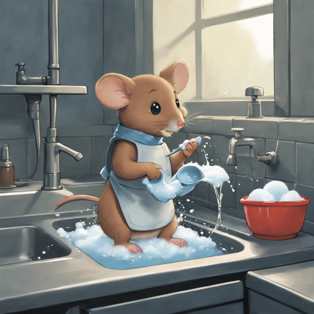 (((cute_mouse) washing_up industriously) comic_book illustration)