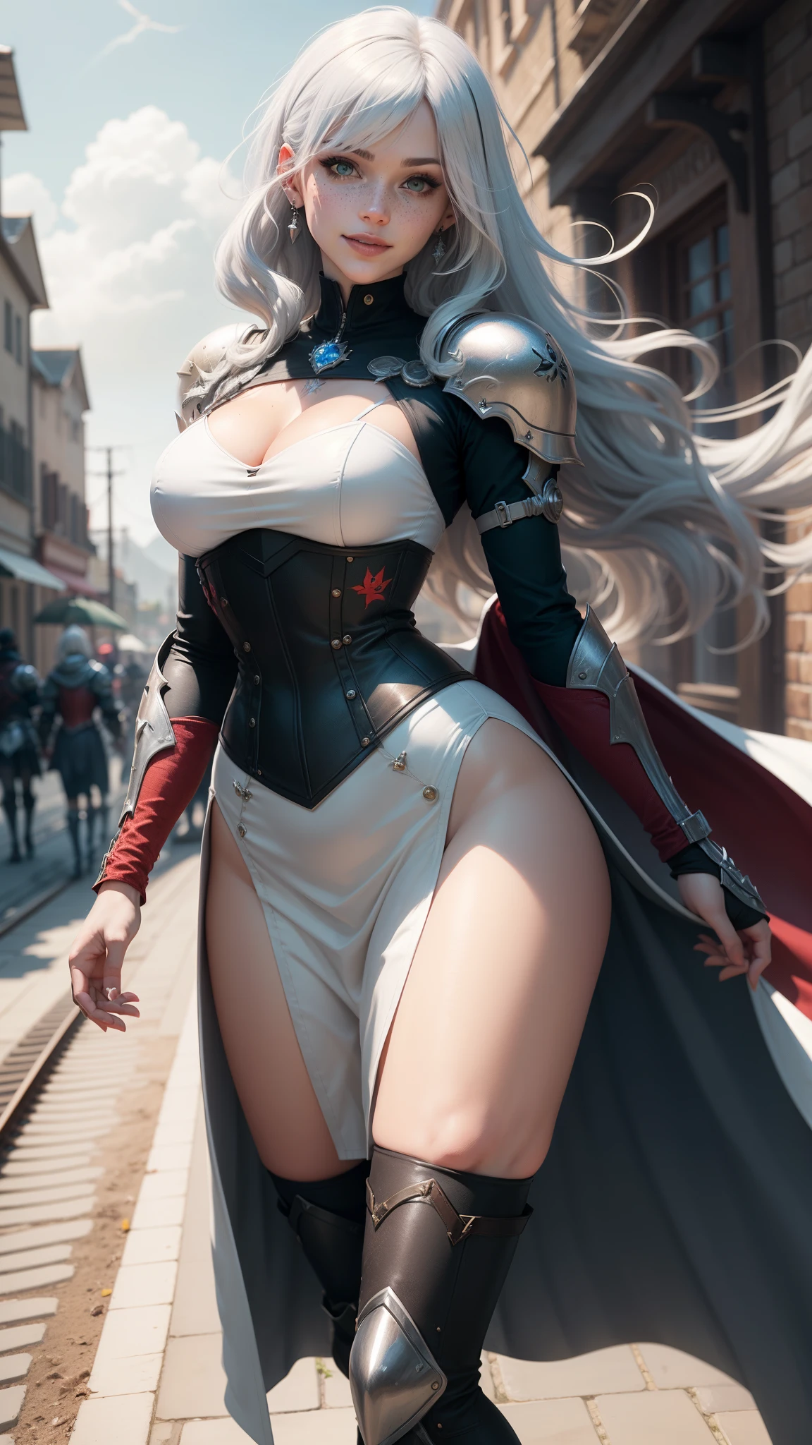 gwen tennyson,yorha 2b,tracer,y'shtola rhul,solo girl,overwatch,atelier ryza,close up,mountain view,tattoos,scarlet and white plugsuit,white short sleeve knight top,short sleeve full plate knight armor,long knight skirt,silver knight corset,long curly hair,princess makeup,green eyes,multicolored silver hair,long dress train,sexy smile,freckles,beautiful girl,knight thigh high boots,large breasts,8k,ultra detailed,realistic,fantasy art,silver knight uniform,queen gown dress,ear piercings,snowflake hand and neck jewelry,(weather:windy),long scarlet knight coat,medieval city,silver hair pin,