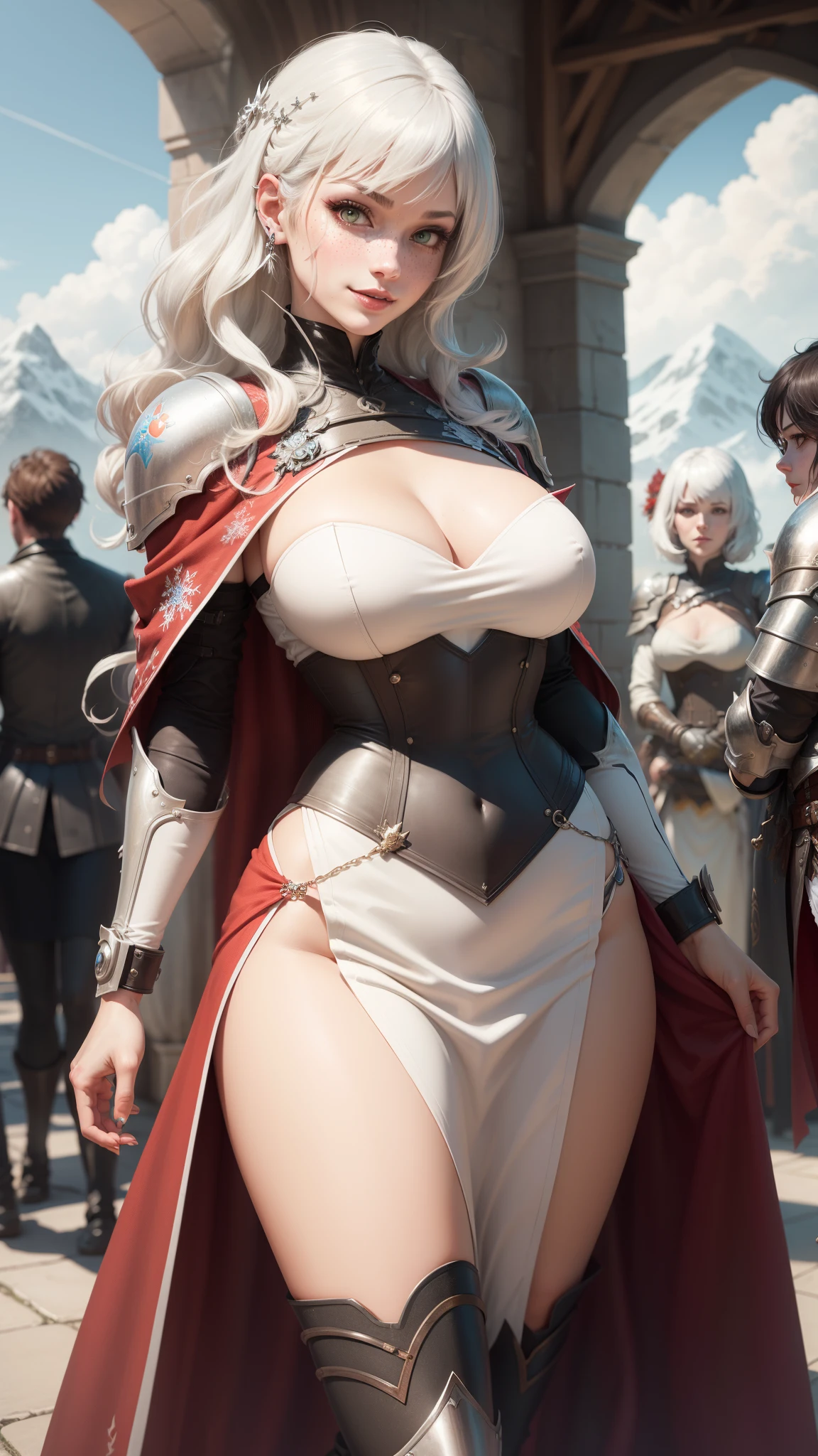 gwen tennyson,yorha 2b,tracer,y'shtola rhul,solo girl,overwatch,atelier ryza,close up,mountain view,tattoos,scarlet and white plugsuit,white short sleeve knight top,short sleeve full plate knight armor,long knight skirt,silver knight corset,long curly hair,princess makeup,green eyes,multicolored silver hair,long dress train,sexy smile,freckles,beautiful girl,knight thigh high boots,large breasts,8k,ultra detailed,realistic,fantasy art,silver knight uniform,queen gown dress,ear piercings,snowflake hand and neck jewelry,(weather:windy),long scarlet knight coat,medieval city,silver hair pin,