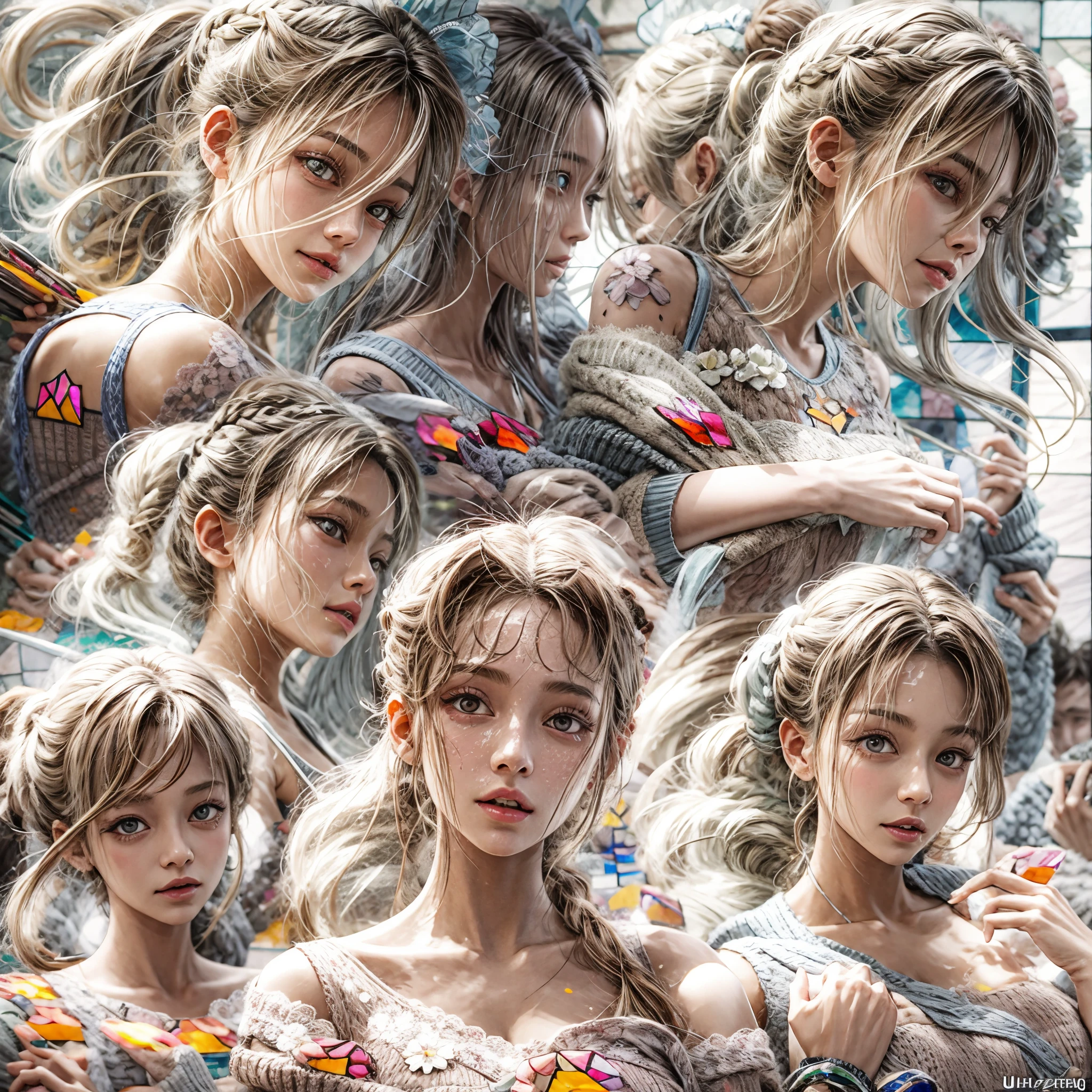 (White and vivid colors, Acutance, Exposed:1.2, nipple:-0.9), (9 sexy junior idols in group photograph), ((face variations, Hair variations)), { Navel | pretty Ass | (Delicate lace knitted wear) | Flowers | (Colorful Light shines from Dazzling and delicate stained glass:1.2) }, (portrayed in the best quality and high resolution. The image should be ultra-detailed, realistic, and photorealistic with a touch of rawness). { under the mesmerizing back lighting | concept art | enhancing the overall visual impact }. Whole Body proportions and all limbs are anatomically accurate .