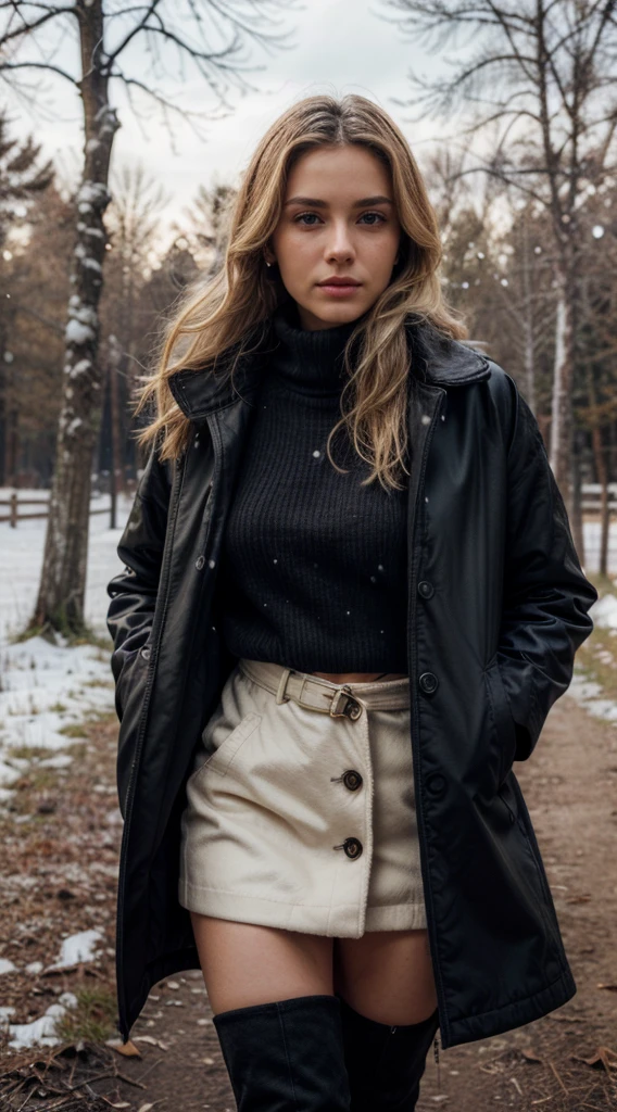 Same blonde, beatiful blonde hair, beatiful blonde, perfect hair, tanned skin, front view, solo, She is wearing a winter coat, long knee-high boots beneath the coat, a black sweater, outdoors, (daytime), snowy field, falling snow, bare trees, in the forest, film grain, close up, ultra high res, best shadow, RAW, instagram LUT
