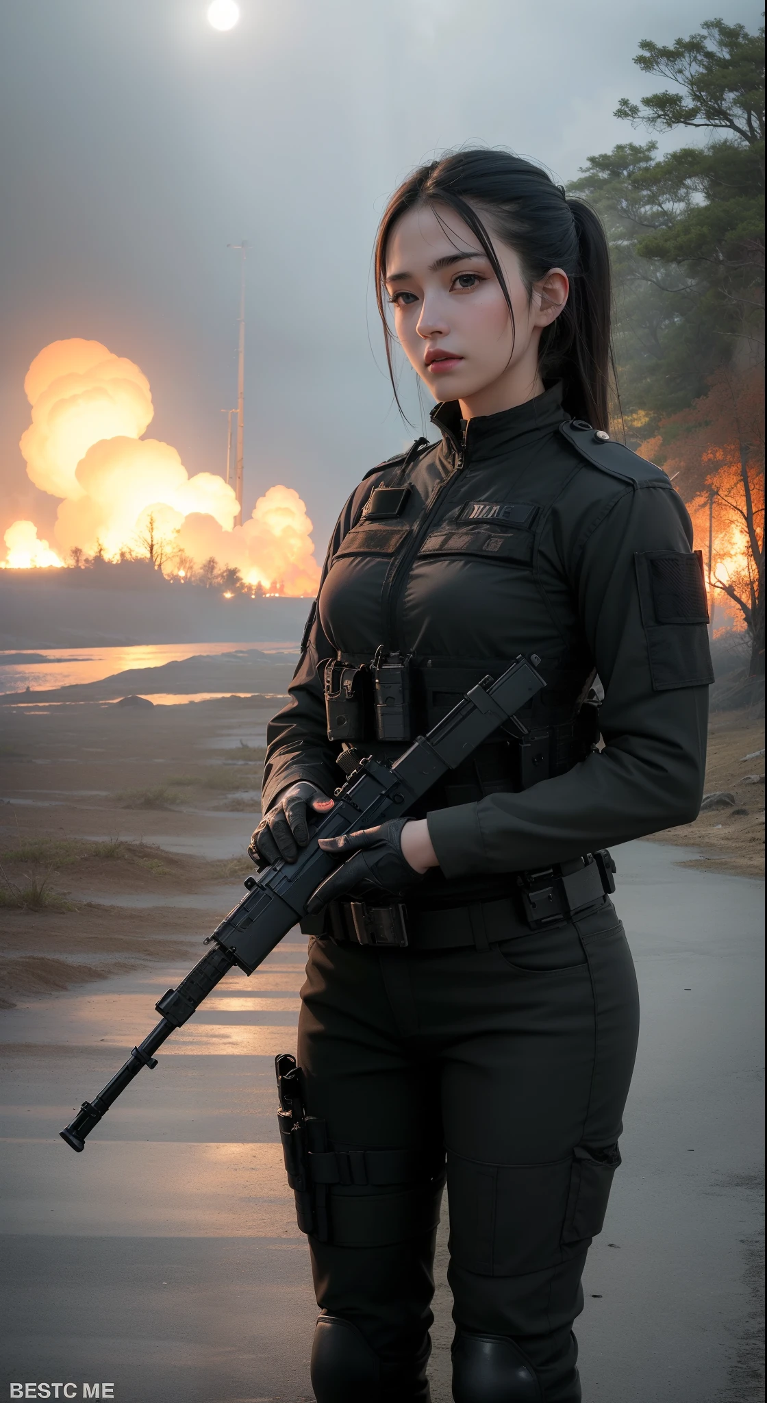 ((best quality)), ((masterpiece)), (detailed), beautiful lighting, best quality, realistic, full body portrait, real picture, intricate details, depth of field, 1girl, A very muscular solider girl with long haircut, around 20 years old wearing a black uniform holding a gun in the hallway, wearing black Swat tactical gear, photography of a techwear woman, dressed in black Swat tactical armor, black Swat tactical gear, Tactical vest and holster, Beautiful Female Soldier, Holding a rifle, closeup portrait shot, Have an MP7, holding rifle, special forces security, airsoft cqb, highly-detailed, perfect face, blue eyes, lips, wide hips, small waist, tall, make up, Fujifilm XT3, outdoors, bright day, Beautiful lighting, RAW photo, 8k UHD, film grain, ((bokeh)) (((Walking along a stream in a jungle, Fires, Smoke, debris, Camo netting, Ammo Boxes, Rain, Stormy, Wet, abstract beauty, near perfection, burning scene in the background, the forest is on fire, Mushroom Cloud, winner of the year's best photo, the world on fire, post-apocalyptic hellscape military photography, photo epic of the year, fire on the horizon, epic cinematic shot, pure form, intricate detail, 8k post-production, High resolution, super Detail, trending on ArtStation, sharp focus, studio photos, intricate detail, Very detailed,