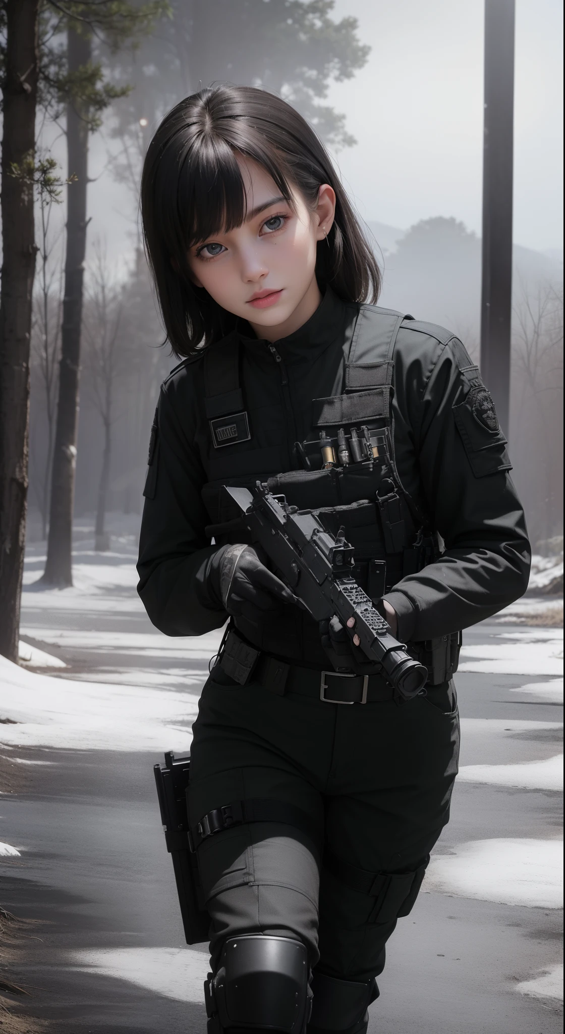 ((best quality)), ((masterpiece)), (detailed), beautiful lighting, best quality, realistic, full body portrait, real picture, intricate details, depth of field, 1girl, A very muscular solider girl with long haircut, around 20 years old wearing a black uniform holding a gun in the hallway, wearing black Swat tactical gear, photography of a techwear woman, dressed in black Swat tactical armor, black Swat tactical gear, Tactical vest and holster, Beautiful Female Soldier, Holding a rifle, closeup portrait shot, Have an MP7, holding rifle, special forces security, airsoft cqb, highly-detailed, perfect face, blue eyes, lips, wide hips, small waist, tall, make up, Fujifilm XT3, outdoors, bright day, Beautiful lighting, RAW photo, 8k UHD, film grain, ((bokeh)) (((Walking along a stream in a jungle, Fires, Smoke, debris, Camo netting, Ammo Boxes, Rain, Stormy, Wet, abstract beauty, near perfection, burning scene in the background, the forest is on fire, Mushroom Cloud, winner of the year's best photo, the world on fire, post-apocalyptic hellscape military photography, photo epic of the year, fire on the horizon, epic cinematic shot, pure form, intricate detail, 8k post-production, High resolution, super Detail, trending on ArtStation, sharp focus, studio photos, intricate detail, Very detailed,