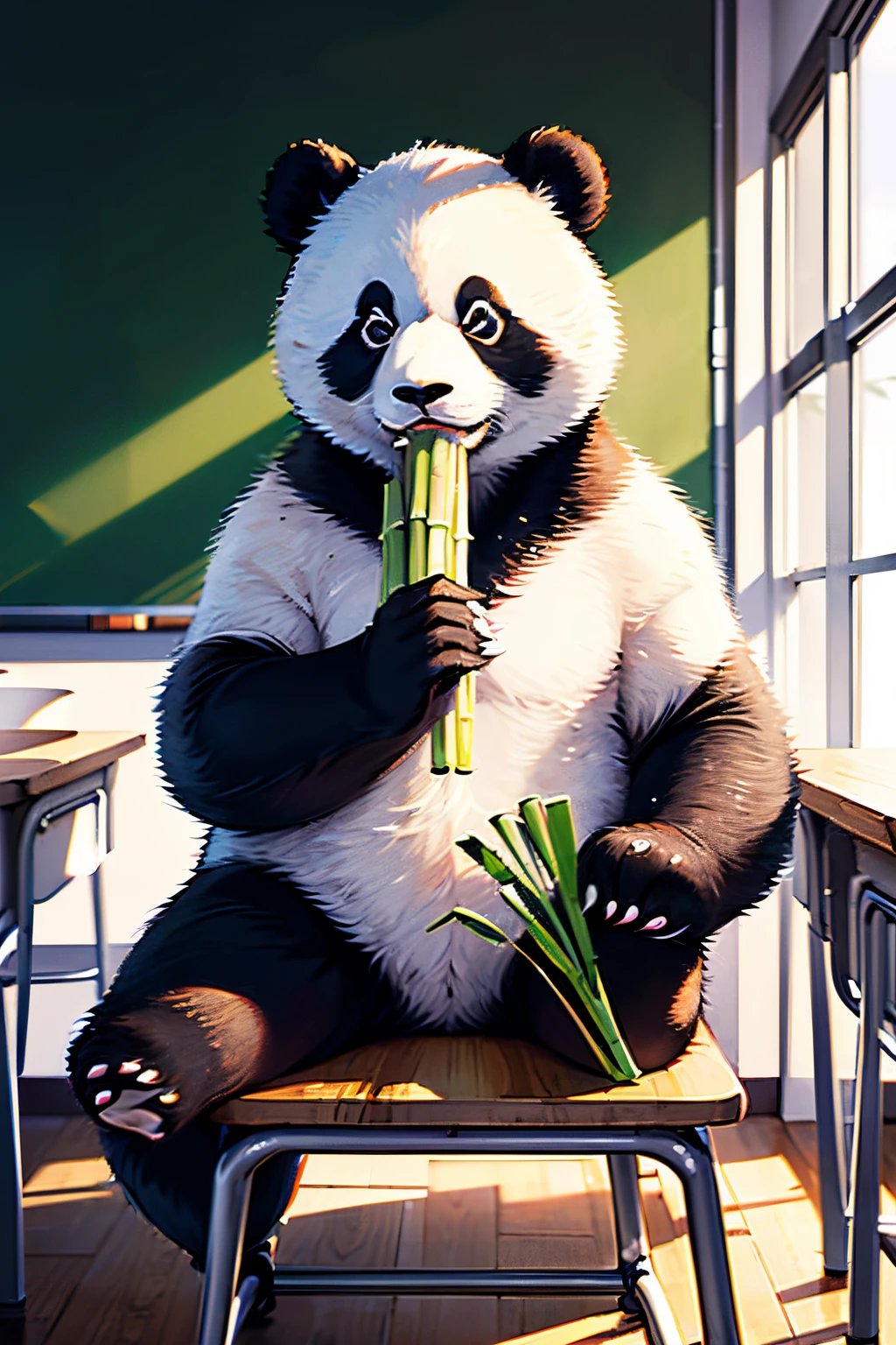 (best quality,highres,masterpiece:1.2),ultra-detailed,realistic,high resolution,classroom,panda sitting on a chair, eating bamboo,a cute and fluffy panda, wearing a school ID card with a photo of the panda, dressed in a white shirt, holding a bamboo.