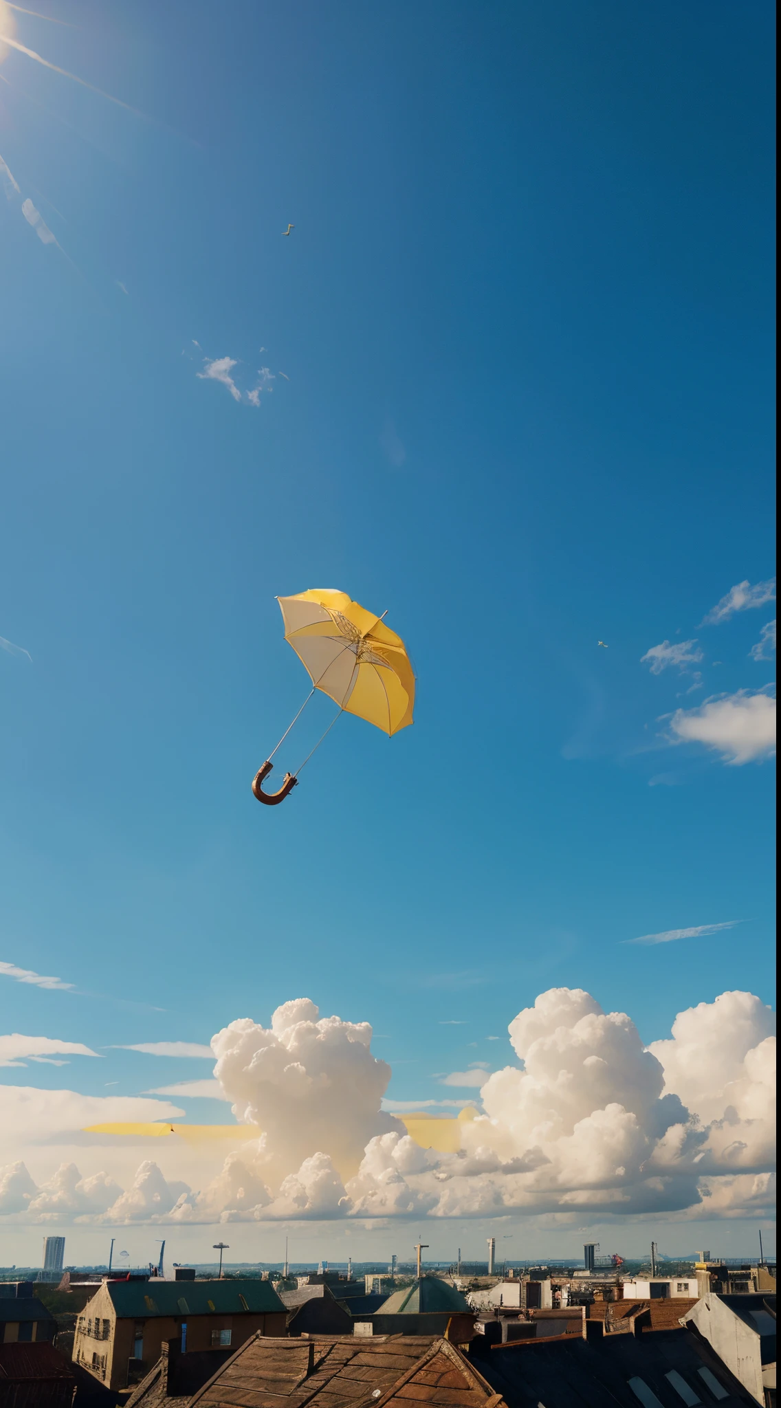 Only sky, yellow umbrella flying，animated cartoon，High quality wide angle