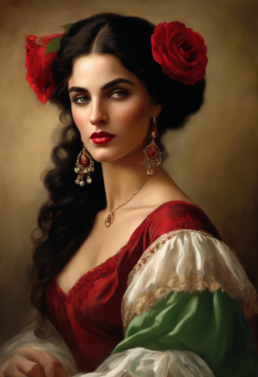 Painting of a gypsy woman, with green eyes, full and red mouth, and black hair, hair in a voluminous Spanish bun, sexy and sensual woman, red dress with ruffles and embroidery, Victorian Era style, surrounded by roses, a Goddess of beauty, portrait of a Goddess, In the art style of Bowater, renaissance digital painting, in digital painting style, digital fantasy portrait, elegant digital painting, fantasy art portrait, fantasy portrait, inspired by Dante Gabriel Rossetti, painting baroque digital, digital painting art, Beautiful art UHD 4K, beautiful fantasy portrait