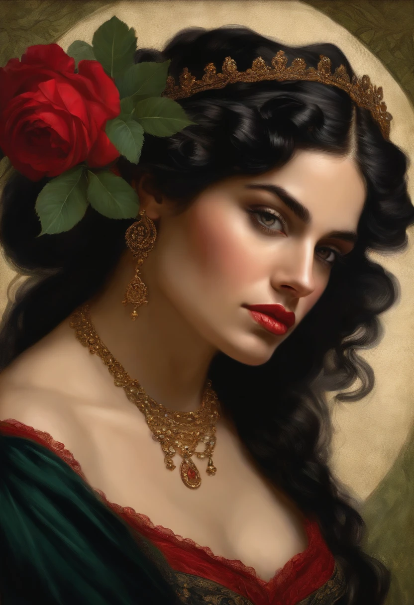 Painting of a gypsy woman, with green eyes, full and red mouth, and black hair, hair in a voluminous Spanish bun, sexy and sensual woman, red dress with ruffles and embroidery, Victorian Era style, surrounded by roses, a Goddess of beauty, portrait of a Goddess, In the art style of Bowater, renaissance digital painting, in digital painting style, digital fantasy portrait, elegant digital painting, fantasy art portrait, fantasy portrait, inspired by Dante Gabriel Rossetti, painting baroque digital, digital painting art, Beautiful art UHD 4K, beautiful fantasy portrait