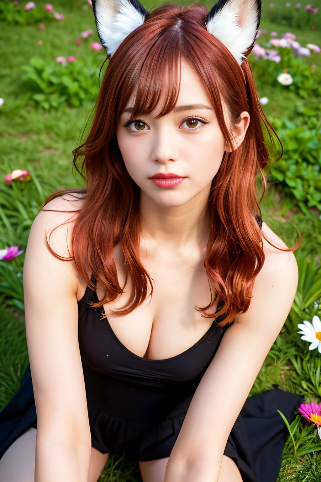 (masutepiece:1.5, Best Quality:1.5, absurderes), Ultra-detailed, Perfect Anatomy, (hand reference anatomy:1), Correct anatomy, 4K, 8K, Realistic, Detailed face, photorealistic beauty, extremely long red hair, Fox ears, wild hair, detailed hairs, glowing yellow eyes, Eyelashes, Blushing, freckle, Glossy lips,  Parted lips, Smirk, Small breasts, 

She poses in an orange dress with a white chest and black lines, resting on her legs., lying face down in the grass, Flowers, nature scenery, depth of fields, longshot, low viewing angle