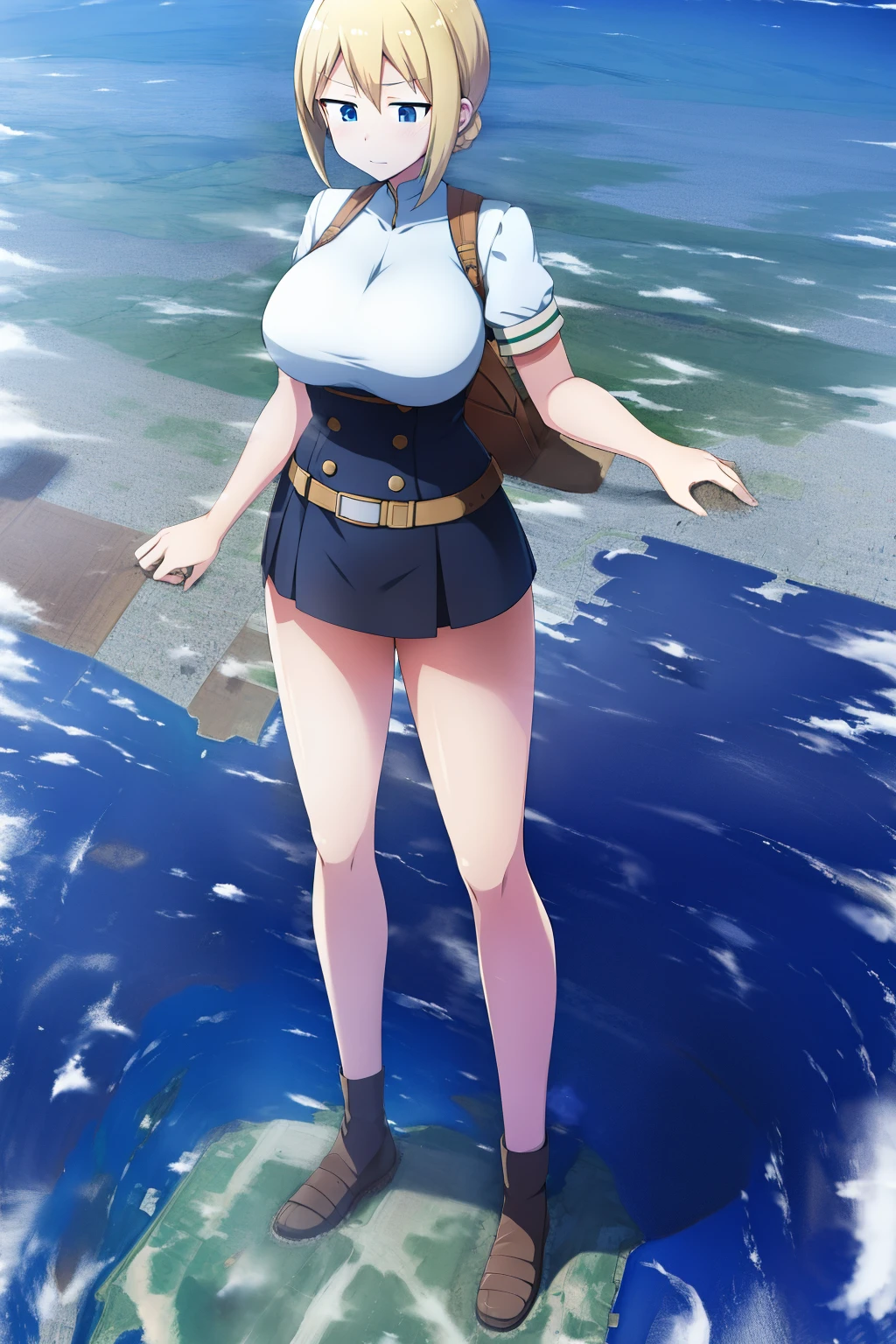 an anime female character standing on a mountain top next to a city, 1girl, solo, giantess, sky, giant, cloud, day, full body, blue sky, city, breasts