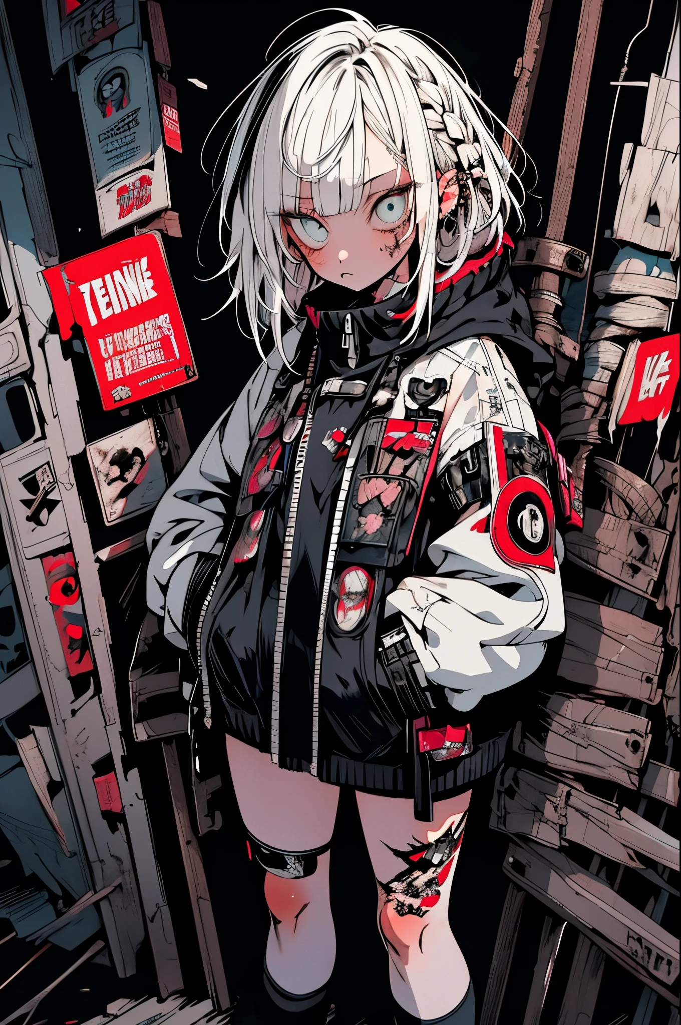 Step Piece, Best Quality, Best Illustration, Ultra-detailed,girl, White hair, Cool Black Open Short Jacket, The tattoo, Messy Fade Cut Hair, side braided hair,Crazy, standing with an eerie feeling, abandoned amusement park background,knee high socks,quirky sneakers,Eyeshadow on the eyes,unusual colored eyes, Eyes of fear, Vivid eyes
