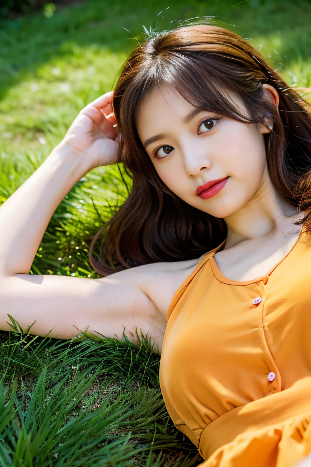 (masutepiece:1.5, Best Quality:1.5, absurderes), Ultra-detailed, Perfect Anatomy, (hand reference anatomy:1), Correct anatomy, 4K, 8K, Realistic, Detailed face, photorealistic beauty, extremely long red hair, Fox ears, wild hair, detailed hairs, glowing yellow eyes, Eyelashes, Blushing, freckle, Glossy lips, Parted lips, Smirk, Small breasts, She poses in an orange dress with a white chest and black lines, resting on her legs., lying face down in the grass, Flowers, nature scenery, depth of fields, longshot, low viewing angle