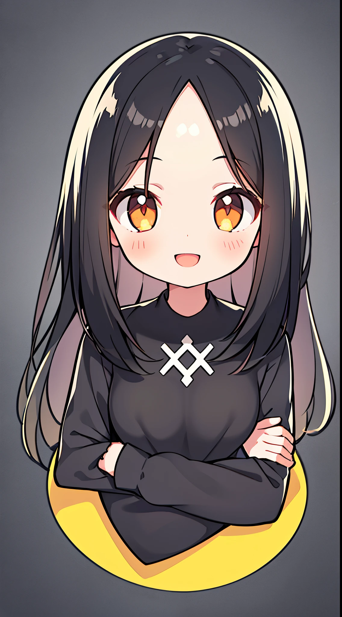 One girl with black hair, hair length until bust, straight hair, hair parted in center of head, round face. hairstyle with a center part, that the hair should be parted down the middle, creating a symmetrical look without any frontal hair covering the forehead. Looking straight. Looking straight at viewers. Smiling. Happy. Wearing casual shirt