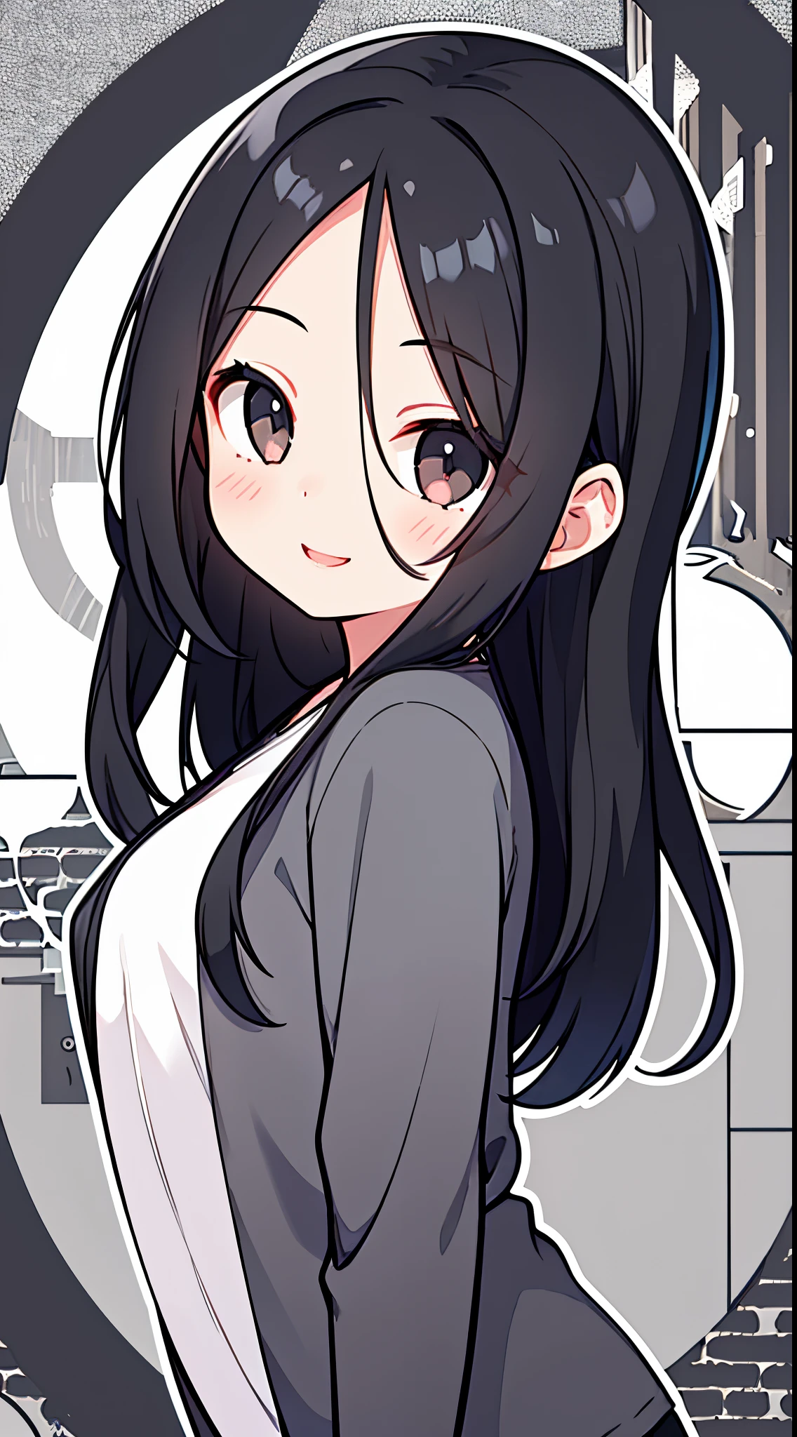 One girl with black hair, hair length until bust, straight hair, hair parted in center of head, round face. hairstyle with a center part, that the hair should be parted down the middle, creating a symmetrical look without any frontal hair covering the forehead. Looking straight. Looking straight at viewers. Smiling. Happy. Wearing casual shirt