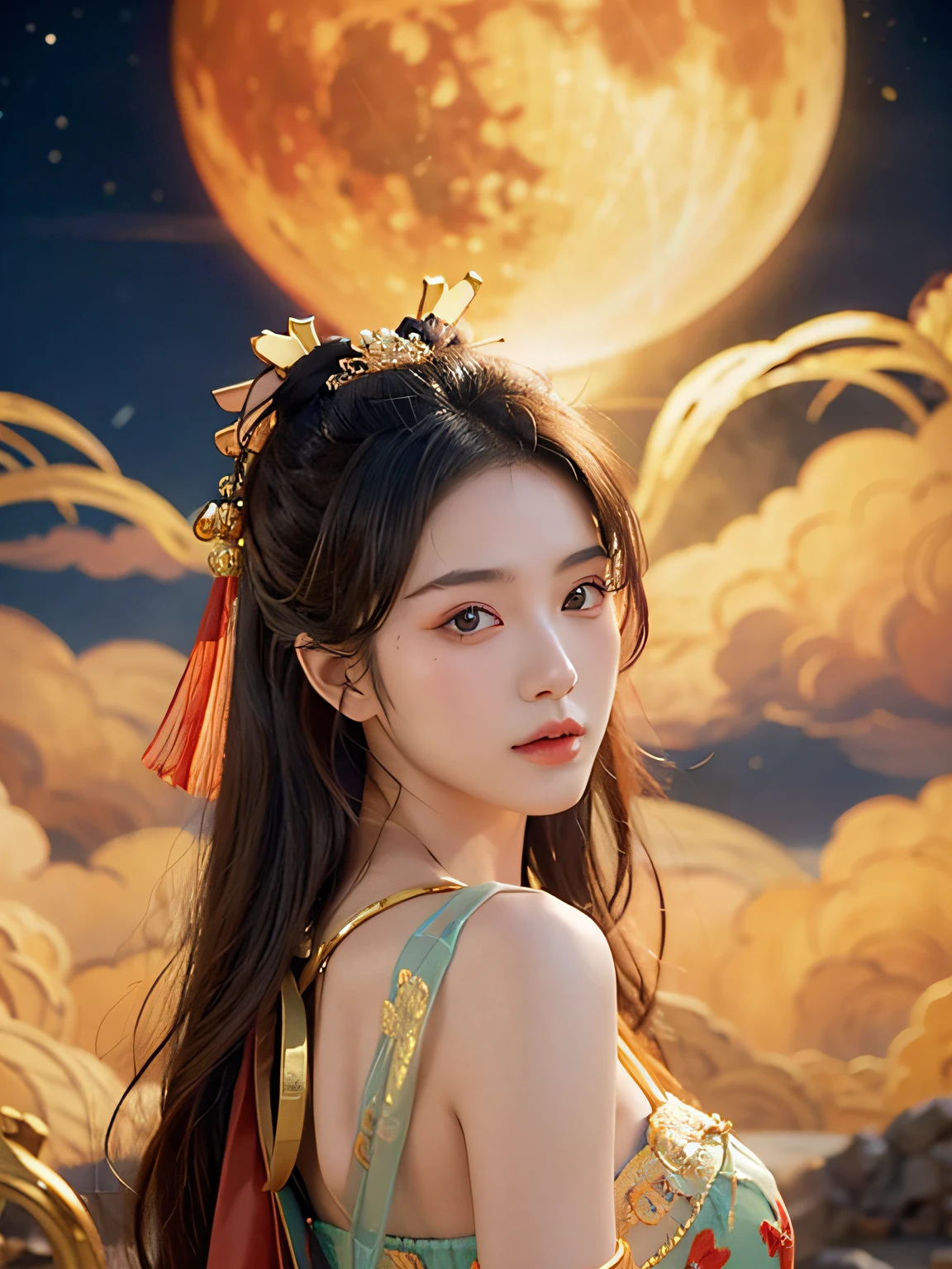 NSFW，tmasterpiece，natta，galactic，themoon，Best quality at best，Full body photo，ancient and true，1 Sister，Ursan，（pure love face_v1：0.7），1 girl under the moon，Chinese immortals，dunhuang_Clothes are，（Chinese palace in sky background：1.5），（clouds on the ground：1.5，Smokey：1.5），Best quality at best，realistically，realistically，Award-winning illustrations，（Complicated details：1.2），（exquisite detailing），（Complicated details），（电影灯光， Best quality backlight）， 清晰的线条， fashionable girl， lock focus， photorealiscic face， s delicate face，5 fingers，Clear  eyes， offcial art， Unity 8k壁纸， 超高分辨率， （realistically：1.5）， looking at the viewer only， ulzzang-6500，