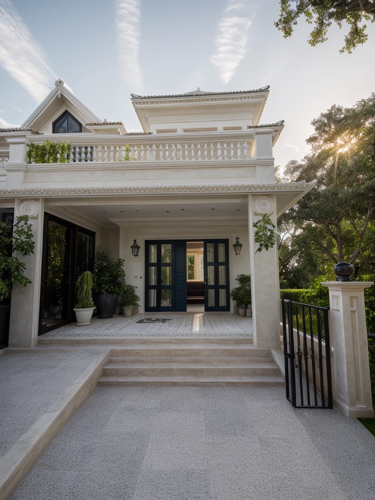 RAW photo,Masterpiece, high quality, best quality, authentic, super detail,
exterior, outdoors, neoclassical style, glass door, glass windown, blue sky,indoor, sofa, tivi, hyperrealistic, orante, super detailed, intricate, dramatic, sunset lighting, shadows, high dynamic range,
bieshu,a two story white house with windows and balconies, scenery,trees,garden,black Hip roof,black roof and evaes ,white Villa facade design, unreal engine 5 highly rendered, photorealism, a digital rendering, architecture, building,masterpiece,best quality,super detailed,realistic,photorealistic, 8k, sharp focus,cloud, LAOWANG,