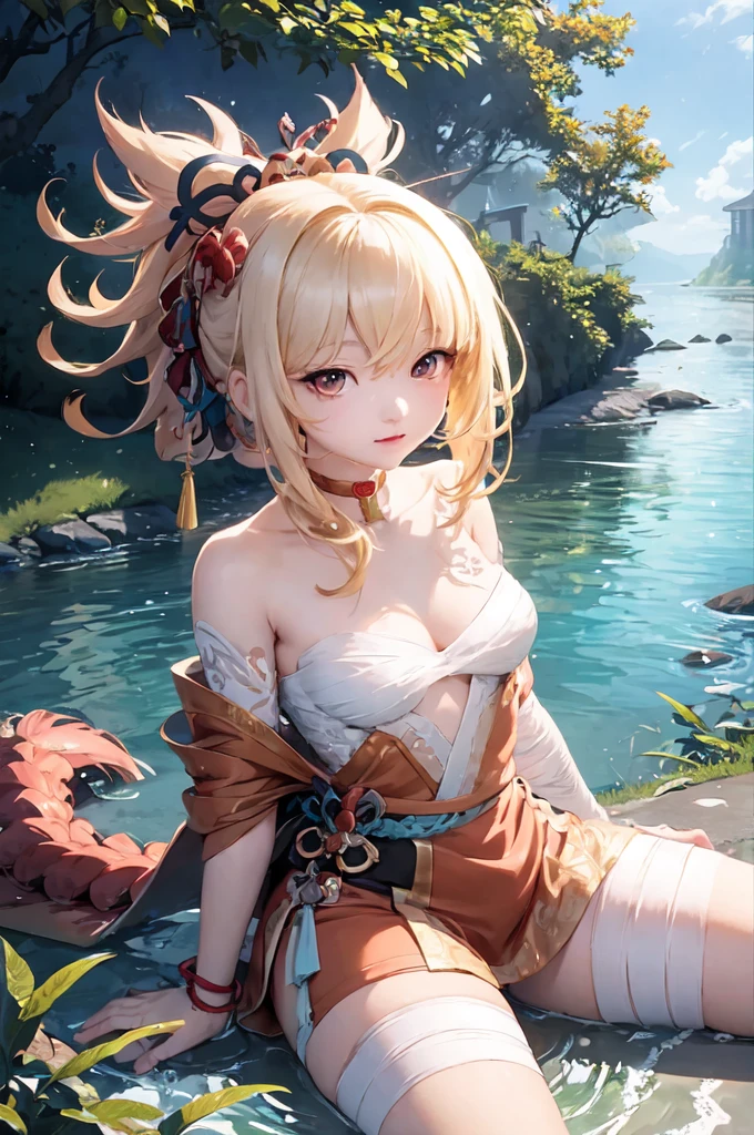 Anime girl sitting on the ground by the lake, anime goddess, detailed digital anime art, genshin impact, Ayaka Genshin impact, Digital anime illustration, Beautiful anime girls, beautiful attractive anime woman, Kushatkrenz Key Art Women, clean and meticulous anime art, digital anime art, of anime girls, Guys