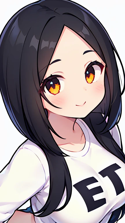 One girl with black hair, hair length until bust, straight hair, hair parted in center of head, round face. hairstyle with a center part, that the hair should be parted down the middle, creating a symmetrical look without any frontal hair covering the forehead. Looking straight. Looking straight at viewers. Smiling. Happy. Wearing casual shirt