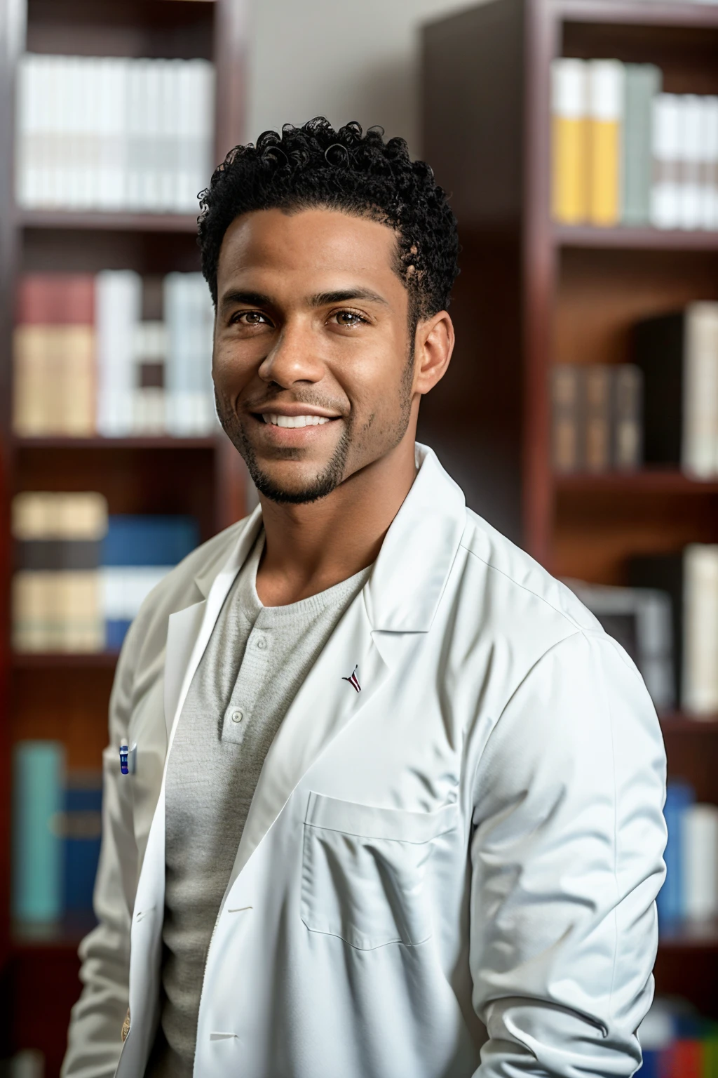 Arafed male in a white lab coat standing in a library, Physiotherapist doctor, Retrato no meio da foto, foxish guy in a lab coat, Jon MacNair, maximus jacobs, medic, catalog photo, medic, retrato, Wesley Kimler, Directed by: Dietmar Damerau, jordan lamarre - wan, foto retrato, vestindo um jaleco branco, foto retrato em close-up, melhor qualidade, homem sorridente.