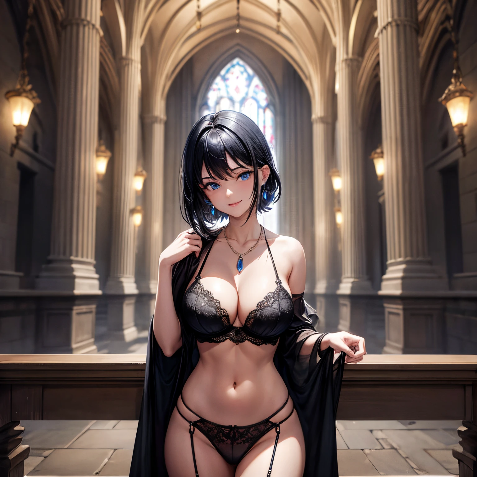 young woman standing in a dark great stone hall. The hall is filled with pillars. Single Large stain-glass window in the center of the background casting light. Young woman has pale skin, large breasts, narrow waist, glowing blue eyes and short black hair. Smiling lovingly. Sapphire earrings and a necklace with a sapphire pendant. Wearing black intricate lace bra and thong and nothing else.