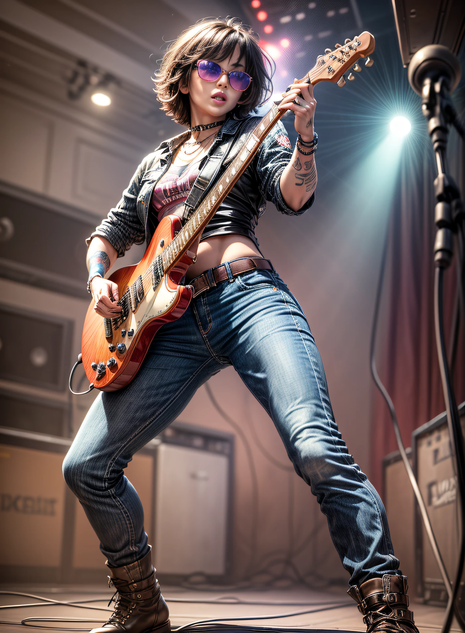 (best quality,4k,highres,masterpiece:1.2),ultra-detailed,poster,retro,70's Rock and Roll Singer,short black hair,sunglasses,skinny body,dark jeans,pants,belt,plays white and black guitar,full body,vibrant colors,,dynamic pose,engaging expression,hippie fashion,tattoos,dancing to the beat,rock and roll spirit,musician's passion,iconic style,stage presence,electric guitar riffs+