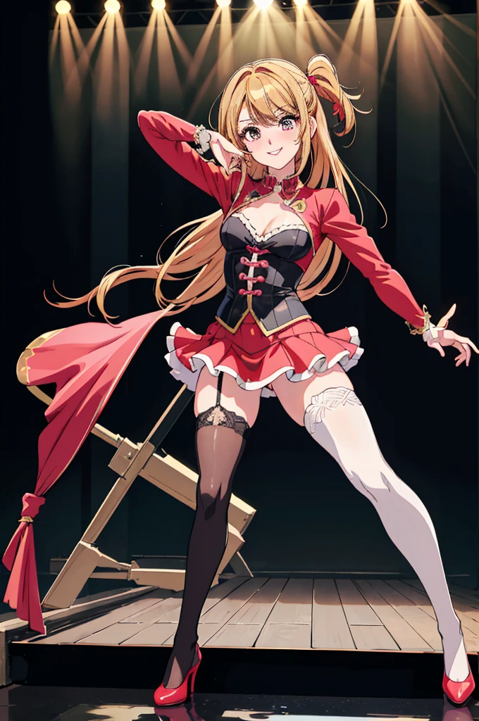 anime, beautiful face, highly detailed face, detailed perfect eyes, perfect hair, perfect lips, accurate arms, accurate hands, perfect legs accurate footware. highly detailed background, front lighting, perfect lighting, full body, 1girl, solo, ruby hoshino, ruby, oshi no ko, heels, blonde hair, thighhighs, stockings, absurdres, high res, ultrasharp, 8K, masterpiece, looking at viewer, (sexy pose:1.5), (full body:1.5), idol outfit, idol, revealing idol, skirt, cleavage, stockings, dynamic pose, full of delight, smiling full of compassion, blushed, on a stage, concert, performing on stage, blowing kisses, blow kisses, air kiss
