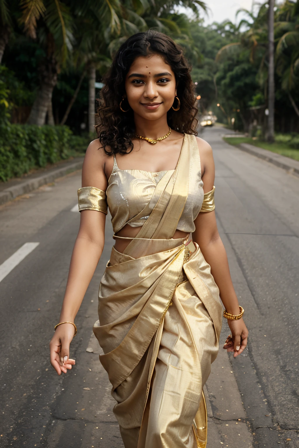 A modern Indian heroine walking through a (bustling modern Indian city), bright, vibrant, and full of life. [Illustration], [photorealistic], [vivid colors], [bokeh], [HDR]. The city streets are filled with a mix of (contemporary architecture):1.2, showcasing the fusion of new in India. (The heroine is dressed in a  modern outfit, reflecting the modern Indian fashion scene):1.2, with intricate details. She has expressive eyes, adorned with modern Indian eye makeup, and her lips are beautifully defined. Her face portrays confidence and grace, capturing the essence of a strong Indian woman. The surrounding (cityscape):1.2 is bathed in warm, golden streetlight, casting stunning shadows and creating a visually captivating atmosphere. The artwork showcases the diversity and (modernity of India). everyonesTT