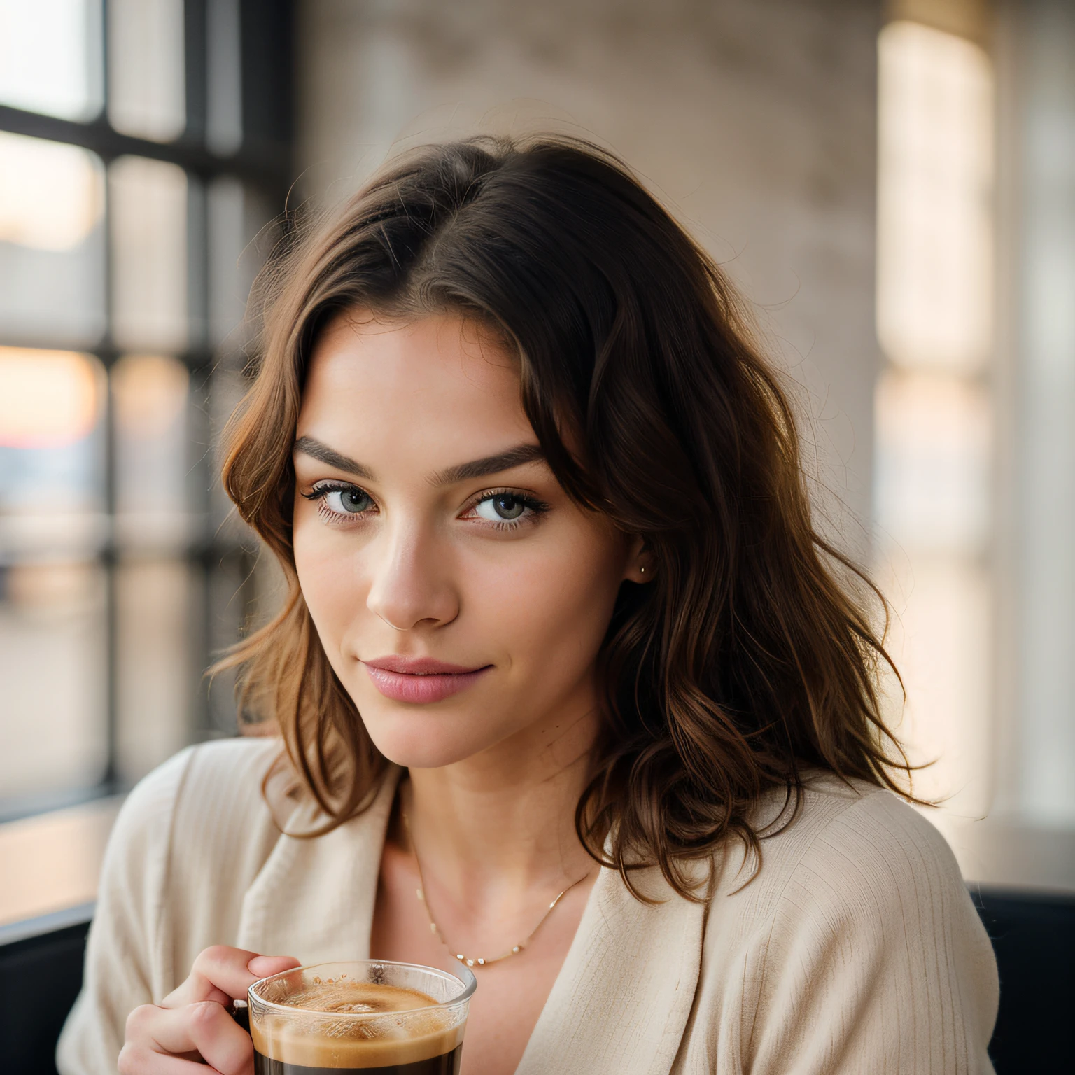 Belle blonde portant un pull beige (Holding a cup of coffee in a modern café at sunset), 1.5 meters away, Very detailed, 21 ans, visage innocent, natural curly hair, yeux bleus, High resolution, Masterpiece, Best quality, Intricate details, highly detailed, mise au point nette, detailed skin, realistic skin texture, texture, detailled eyes, professionnel, 4K, sourire charmant, filmed in Canon, 85 mm, faible profondeur de champ, Couleur Kodak Vision, perfect fit body, Extremely detailed, photographier_\(ultra\), photoreallistic, Realstic, Post-traitement, maximum details, roughness, real life, ultra realist, photorealism, photographie, 8K UHD, photographie