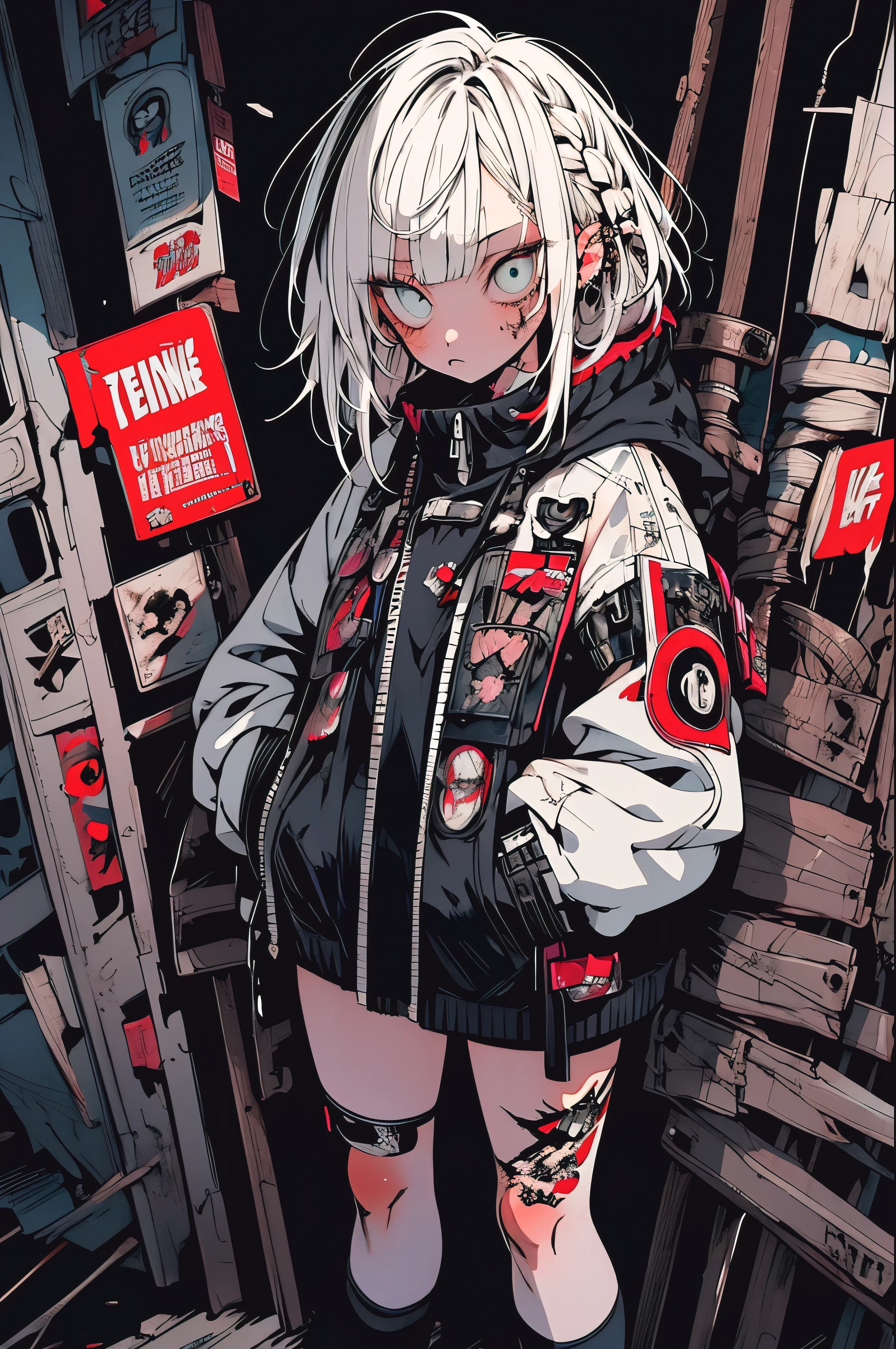 Step Piece, Best Quality, Best Illustration, Ultra-detailed,girl, White hair, Cool Black Open Short Jacket, The tattoo, Messy Fade Cut Hair, Side braided hair,Crazy, standing with an eerie feeling, abandoned amusement park background,knee high socks,quirky sneakers,Eyeshadow on the eyes,unusual colored eyes, Eyes of fear, Vivid eyes