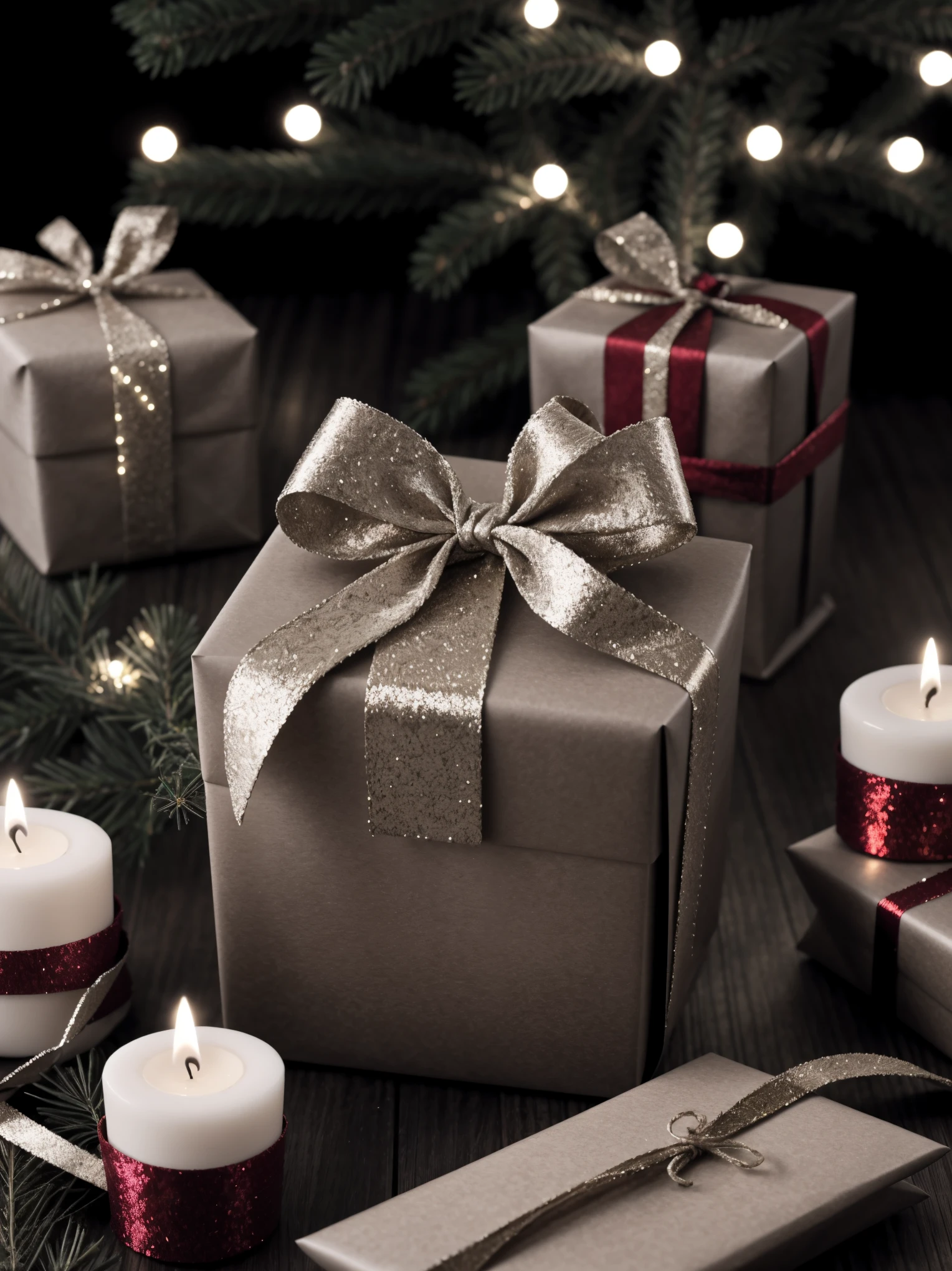 (best quality,4k,8k,highres,masterpiece:1.2),ultra-detailed,realistic,gifts,table,Christmas tree,decorations,wrapping ,bows,ribbon,presents,holiday spirit,vibrant colors,warm lighting,cozy atmosphere,toys,cards,candles,snowflakes,joyful,celebration,exquisite details,exciting surprises,shiny ornaments,sparkling tinsel,beautifully wrapped,excited children,anticipation,festive mood,magical ambiance,delightful moment,wonderful memories,family gathering,cheerful faces,Christmas magic,extravagant,abundance of presents,HDR,UHD,studio lighting,ultra-fine painting,sharp focus,physically-based rendering,professional,vivid colors,bokeh.