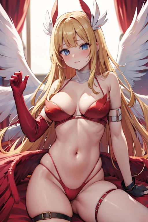 blonde hair, red bra, red lingerie, red underwear, long hair, blue eyes, angel wings,large breasts, bare shoulders, elbow gloves, feathered wings, gloves, head wings, navel, pink ribbon, ribbon, single elbow glove, single glove, thigh strap, wings