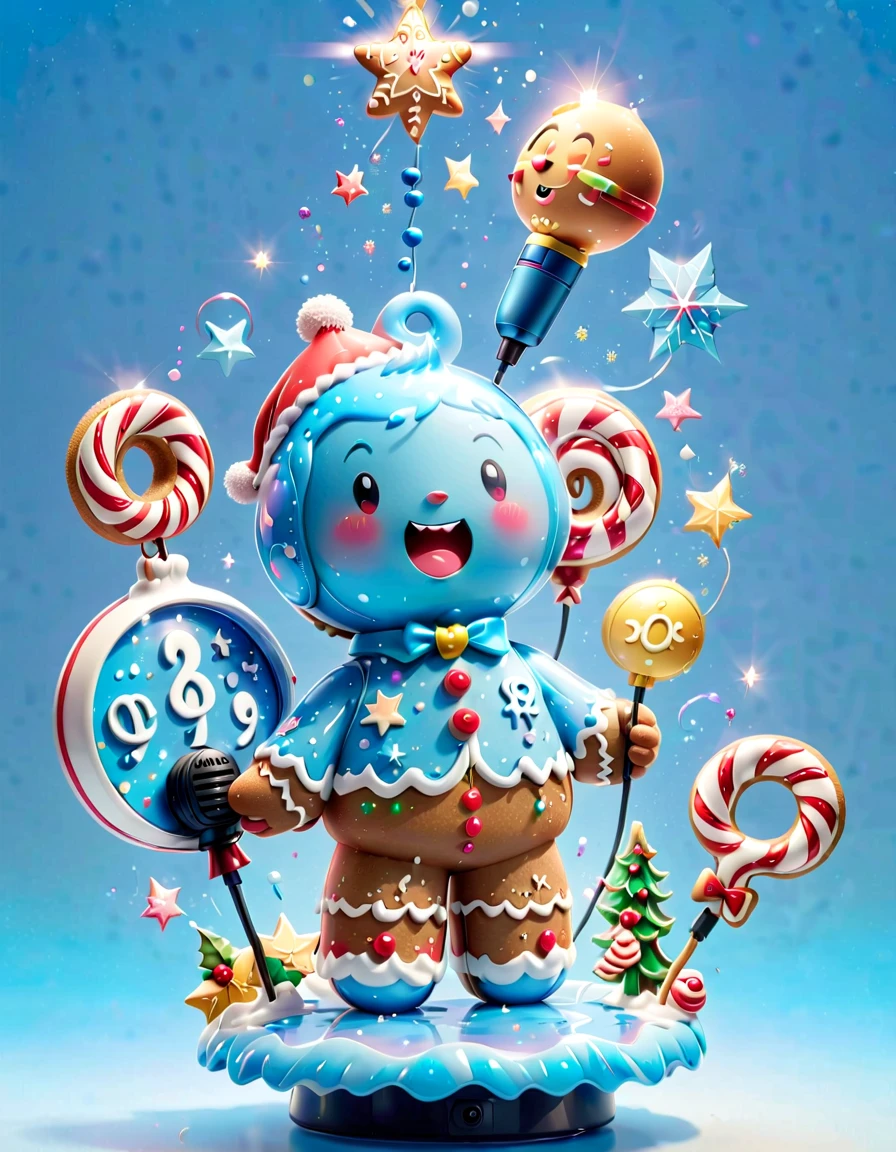 ((1 glowing magical and cute Christmas gingerbread man)),(((Singing with a microphone))), (((Syllable symbols floating in the air))),christmas ornaments, glittery, Floating particles,yuki,blue-sky, 8K, Irridescent color, kawaii, cute big breasts, number art, high qulity, The is very detailed, 3Drenderingof,Bright colorinimalist style,Disney style,translucent