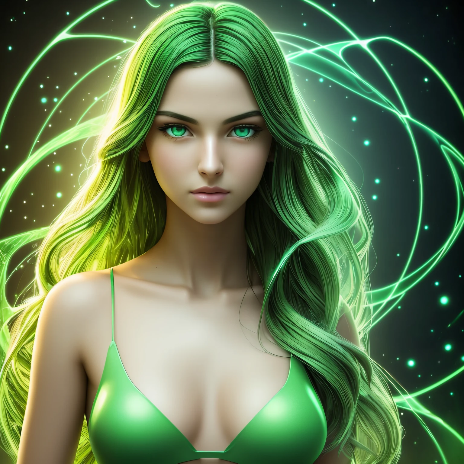 pixel classification, Very beautiful girl with green eyes and green mouth emerged in eternal tera flow of eternal data flowing through loop of infinite light scattering in the world of chaotic ripple optical illusions, mundo exterior celestial, lut, hdr, dramatic light, arte digital, redshift render, imagem raytraced, behance hd --auto
