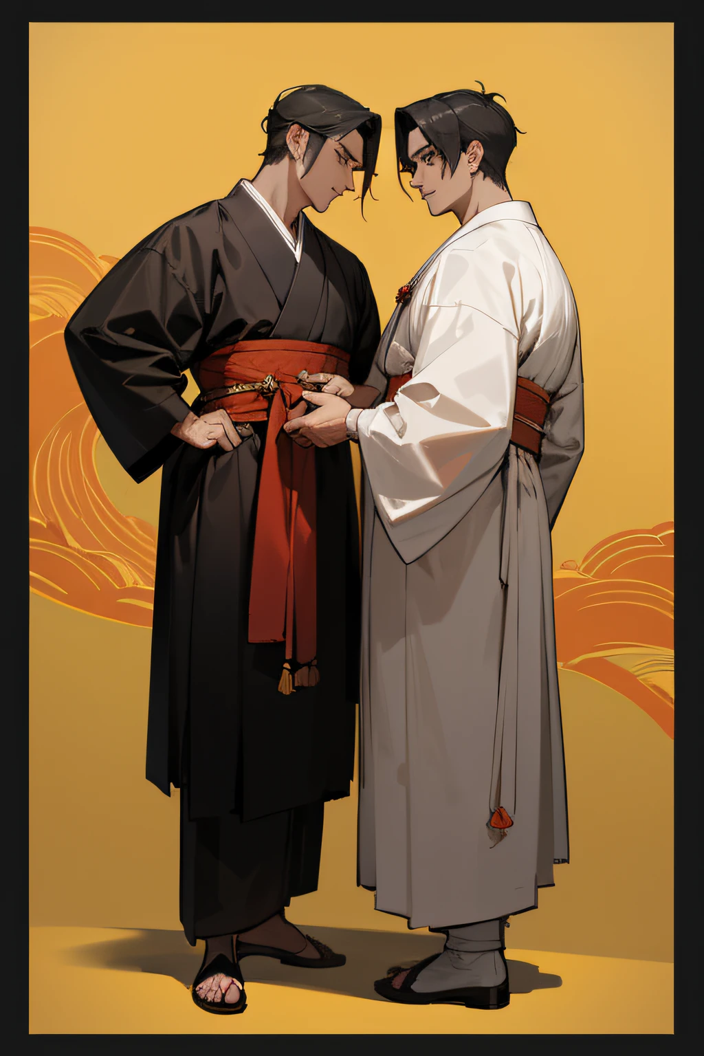 2 of man,face to face, full body, wearing traditional Korean outfit hanbok, highly detailed exquisite fanart, detailed fanart, Tiger behind the 2 men, korean background traditional