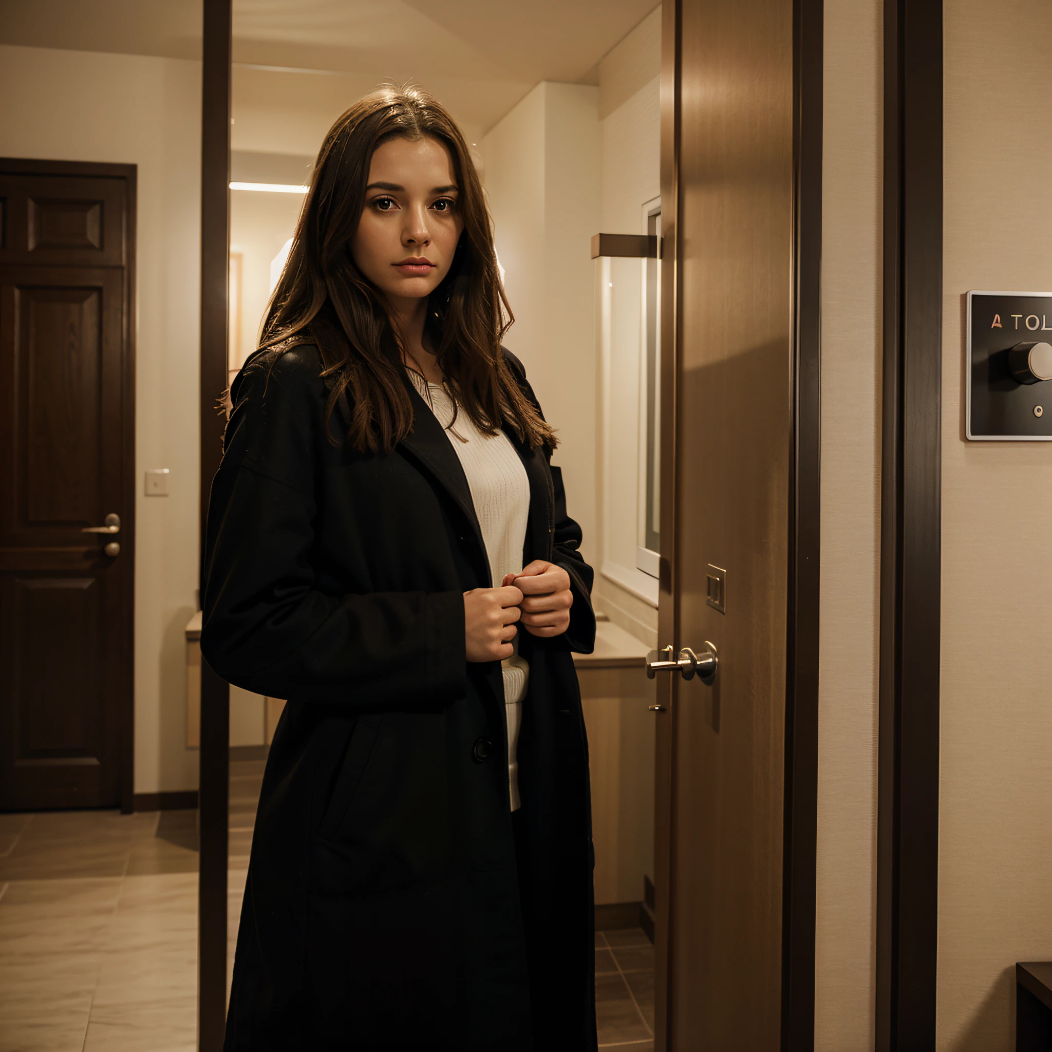 Realistic Photography, art officiel photoréaliste, Ultra detailded,Masterpiece, Best quality, 1 woman cheveux châtain clair ,dans un motel, porter un coat black foncé, filtre effrayant sombre , affiche for the television,The zone is available on the coat cloth. meilleur coup, seulement 1 femme, Debout devant la fenêtre tenant un téléphone.