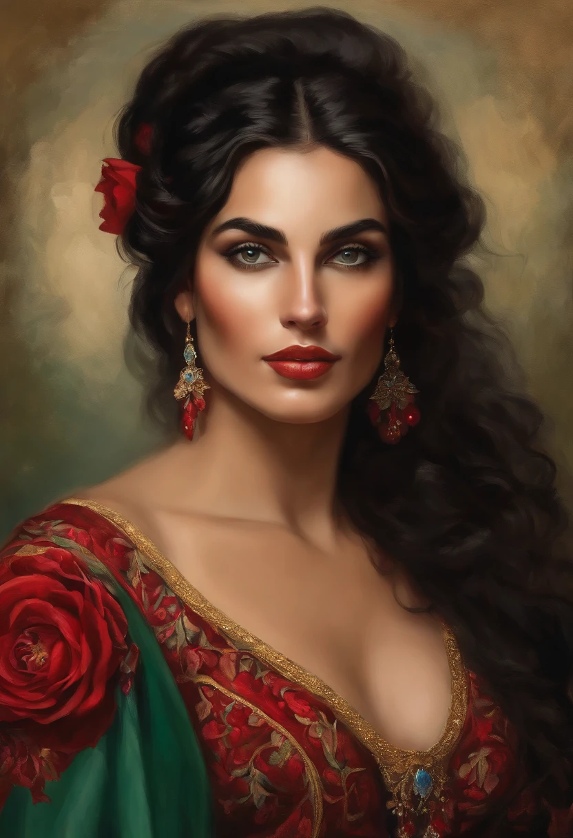 Painting of a gypsy woman, with green eyes, sexy and red mouth, rounded and beautiful face, black hair, hair in a voluminous Spanish bun, sexy and sensual, happy and seductive woman with a panther look, red dress with ruffles and embroidery, Victorian Era style, surrounded by roses, a Goddess of beauty, portrait of a Goddess, In Bowater art style, renaissance digital painting, in digital painting style, digital fantasy portrait, elegant digital painting, fantasy art portrait , fantasy portrait, inspired by Dante Gabriel Rossetti, baroque digital painting, art digital painting, Beautiful Art UHD 4K, beautiful fantasy portrait