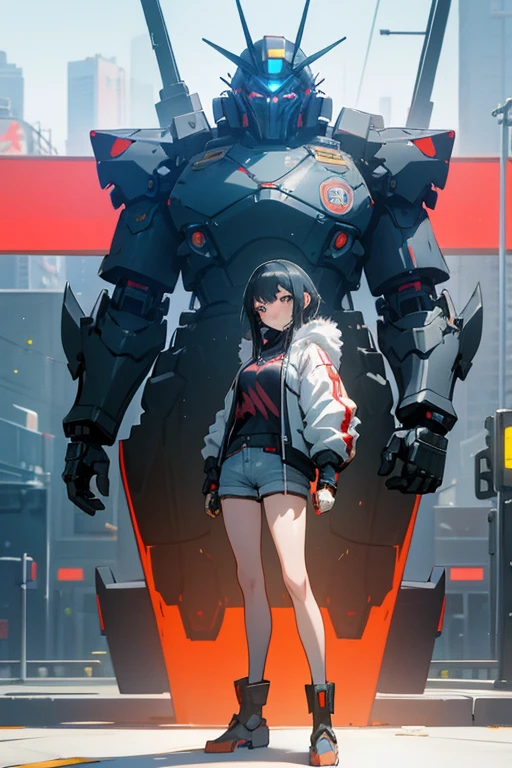 anime girl in short shorts and jacket standing next to giant robot, artwork in the style of guweiz, cyberpunk anime girl mech, trending on cgstation, guweiz, by Russell Dongjun Lu, digital cyberpunk anime art, ross tran 8 k, guweiz on artstation pixiv, girl in mecha cyber armor
