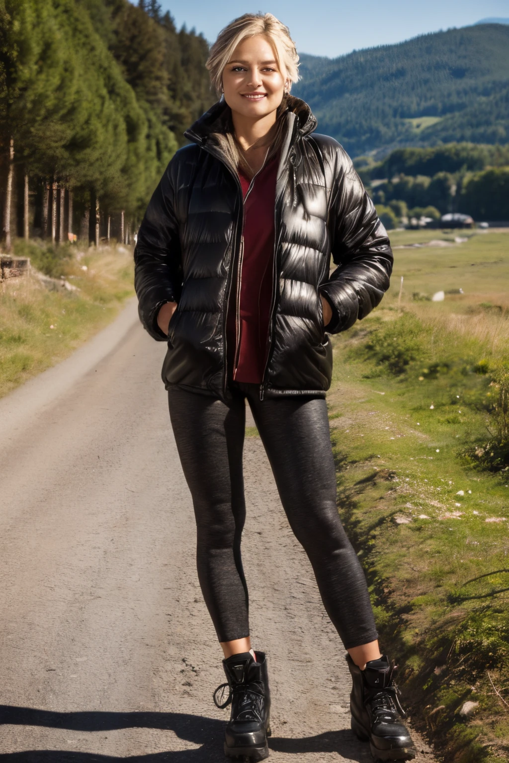 Eine junge Frau, 20 Jahre alt, Ihr Vater stammt aus Asien, ihre Mutter aus Deutschland, ((sie steht auf einem hohen berg und schaut ins Taal, she is wearing hiking boots, leggings und eine leichte Wanderjacke)), She is slim and has slightly tanned skin, Ihr Haar ist mittellang und dunkelblond, Ihre Augen sind blau, She has a charming smile and is small, Cute dimples, 8K, HDR