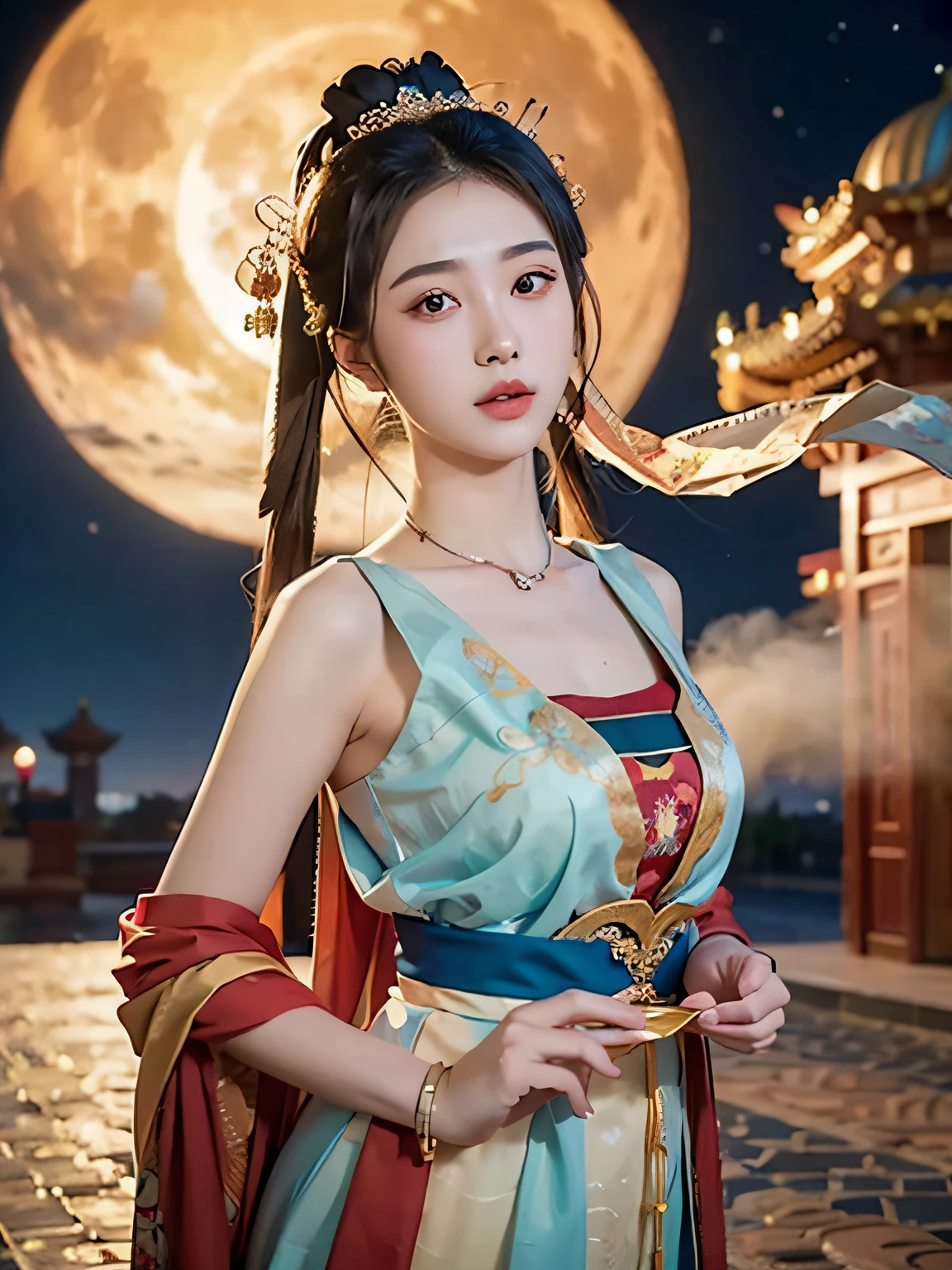 NSFW，tmasterpiece，natta，galactic，themoon，Best quality at best，Full body photo，ancient and true，1 Sister，Ursan，（pure love face_v1：0.7），1 girl under the moon，Chinese immortals，dunhuang_Clothes are，（Chinese palace in sky background：1.5），（clouds on the ground：1.5，fumo：1.5），Best quality at best，realistically，realistically，Award-winning illustrations，（Complicated details：1.2），（exquisite detailing），（Complicated details），（电影灯光， Best quality backlight）， 清晰的线条， fashionable girl， lock focus， photorealiscic face， delicated face，5 fingers，Clear  eyes， offcial art， Unity 8k壁纸， 超高分辨率， （realistically：1.5）， looking at the viewer only， ulzzang-6500，