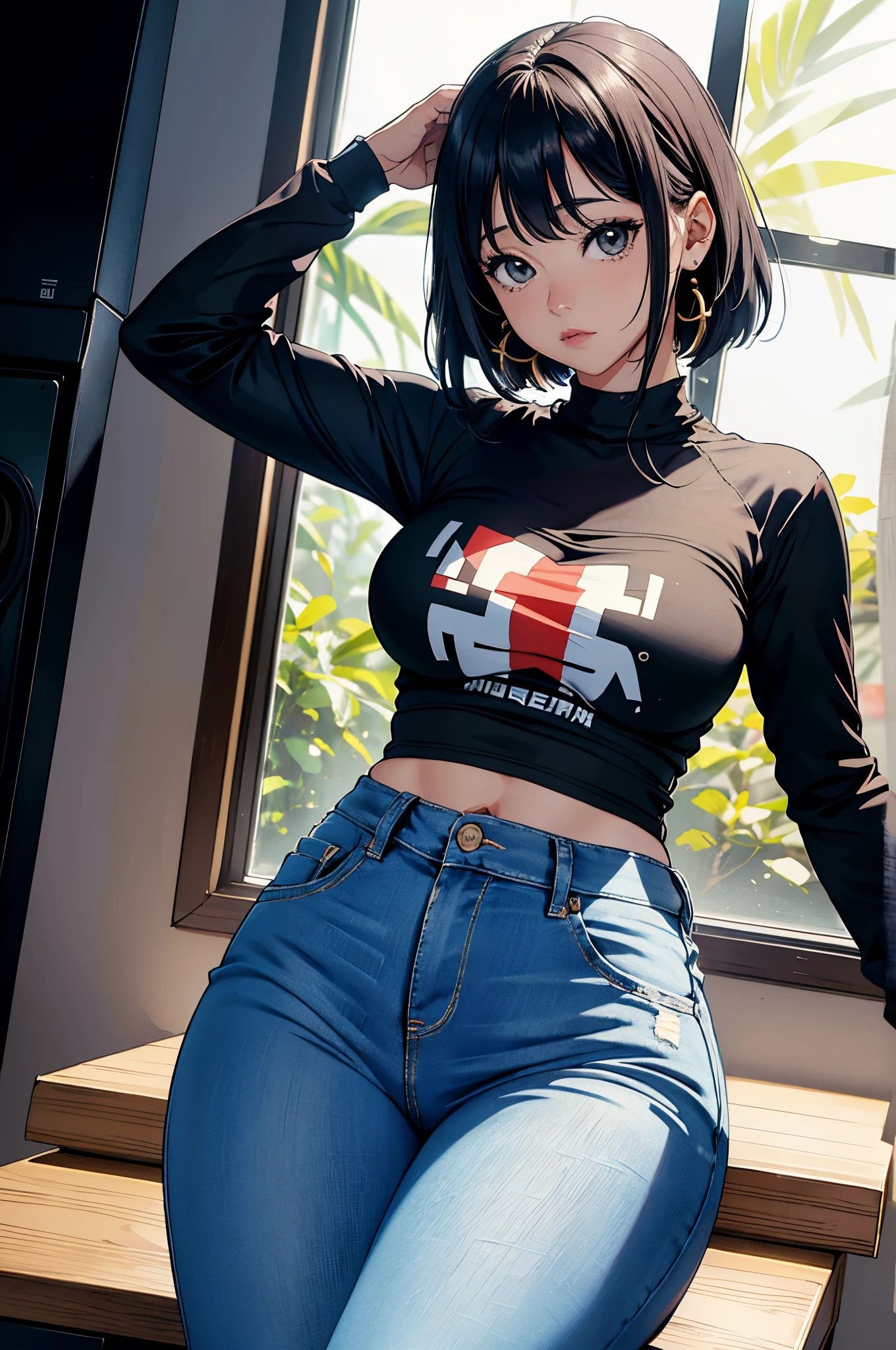 (Hinata Hyuga, muito , com roupas apertadas, bunda grande, pernas grossas, Wearing extremely tight jeans, usando uma mini blusa, umbigo com pirsing, cabelo grande, Speaker behind, muito realista, extremamente sexy, 8k, 8k extremamente detalhado), (um extremamente delicado e bonito), (obra-prima), (melhor qualidade: 1.0), (ultra highres:1.0)