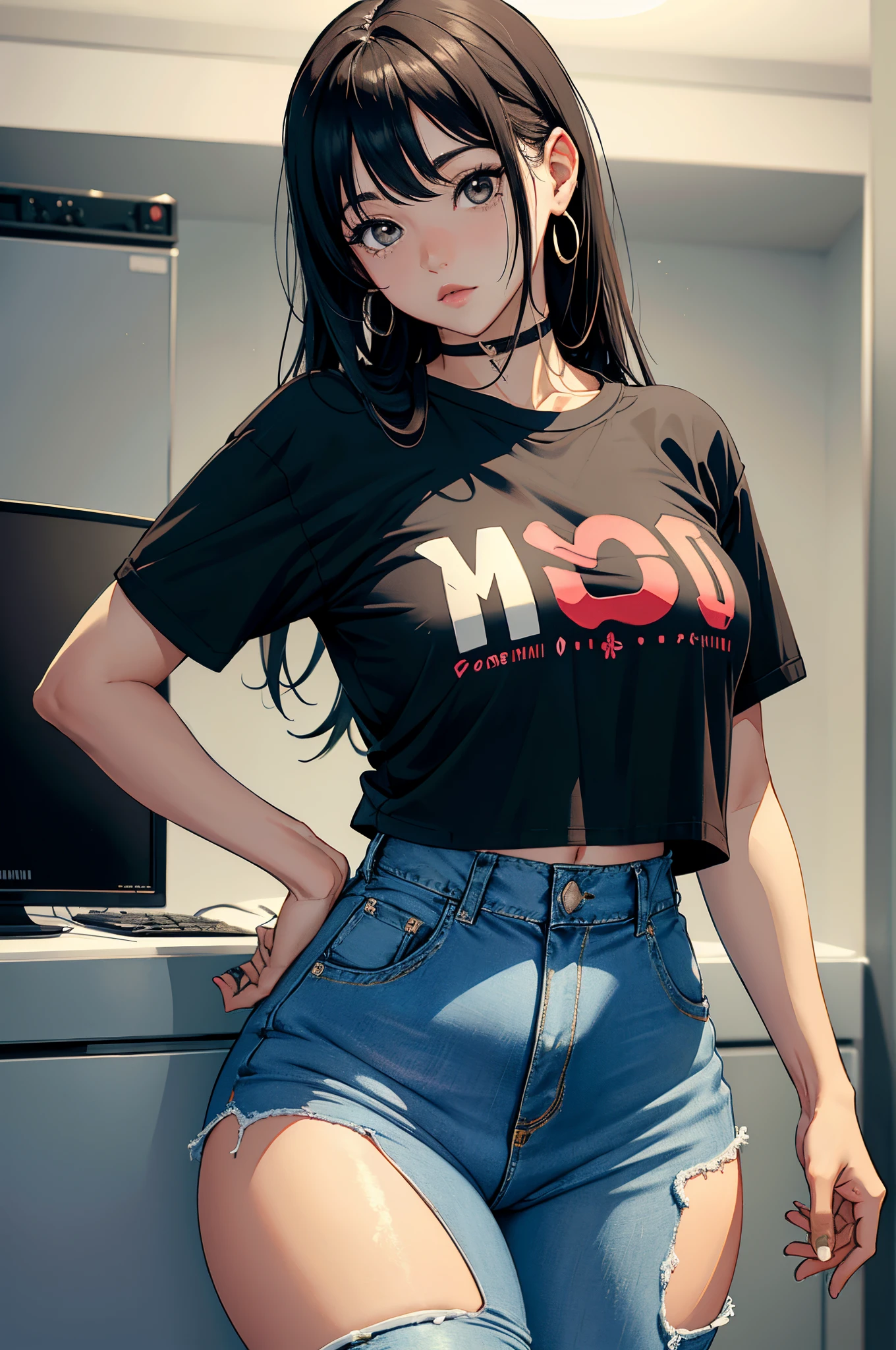 (Hinata Hyuga, muito , com roupas apertadas, bunda grande, pernas grossas, Wearing extremely tight jeans, usando uma mini blusa, umbigo com pirsing, cabelo grande, Speaker behind, muito realista, extremamente sexy, 8k, 8k extremamente detalhado), (um extremamente delicado e bonito), (obra-prima), (melhor qualidade: 1.0), (ultra highres:1.0)