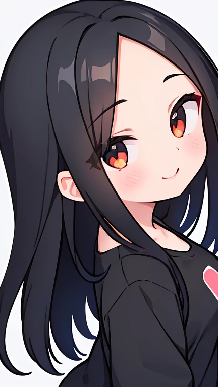 One girl with black hair, hair length until bust, straight hair, hair parted in center of head, round face. hairstyle with a center part, that the hair should be parted down the middle, creating a symmetrical look without any frontal hair covering the forehead. Looking straight. Looking straight at viewers. Smiling. Happy. Wearing casual shirt. Straight pose. Frontal view