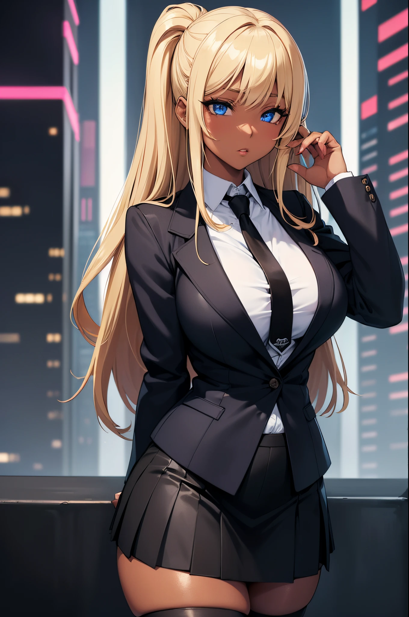 (Masterpiece, Best quality, ultra high resolution),1girl, gyaru, dark brown skinned, blue eyes, blonde hair, large breasts, thick thighs, himecut, Black office jacket, white shirt, black office skirt and black stockings, beautiful and detailed face, detailed eyes, detailed nose, cyberpunk city at night with fog and neon lights