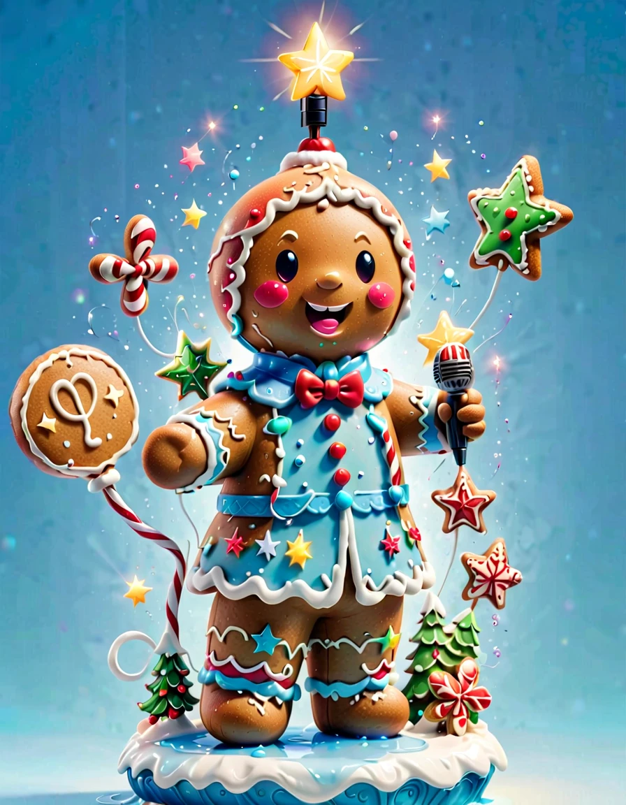 (((1 glowing magical and cute Christmas gingerbread man, Singing with a microphone, Syllable symbols floating in the air)))，christmas ornaments, glittery, Floating particles，yuki，blue-sky, 8K, Irridescent color, kawaii, cute big breasts, number art, high qulity, The is very detailed, 3Drenderingof，Bright colorinimalist style，Disney  style，translucent