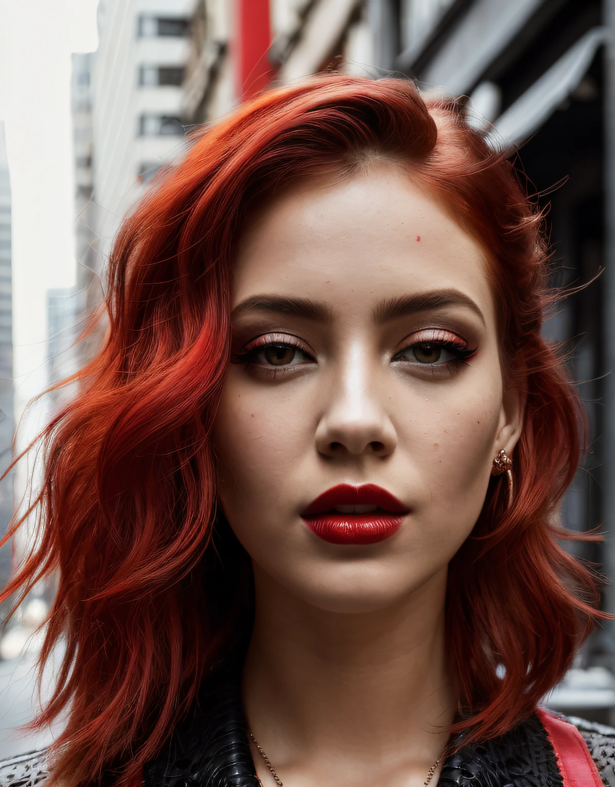 beautiful girl, full body portrait, short bright red disheveled hair, black eyeshadow, (street style wear:1.2), (city background:1.2), (close up of the face), dark makeup, digital art, trending on artstation, highly detailed, fine detail, intricate, beautiful detailed glow, detailed, Cinematic light, highres, detailed facial features,sharp focus, smooth, aesthetic,