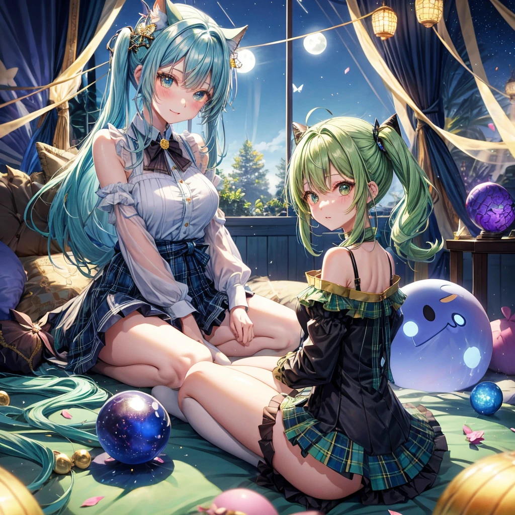 Blue-green hair、poneyTail、verd s eyes、one good looking girl、独奏、animesque、lightly dressed、Plaid miniskirt、a black T-shirt、fullmoon、Meteor swarm、large tree、Glittering starry sky、rainbow butterfly flying、Colorful marbles、sitting on、golden castle、flower petals、thread、Skysky、inside in room、Tea