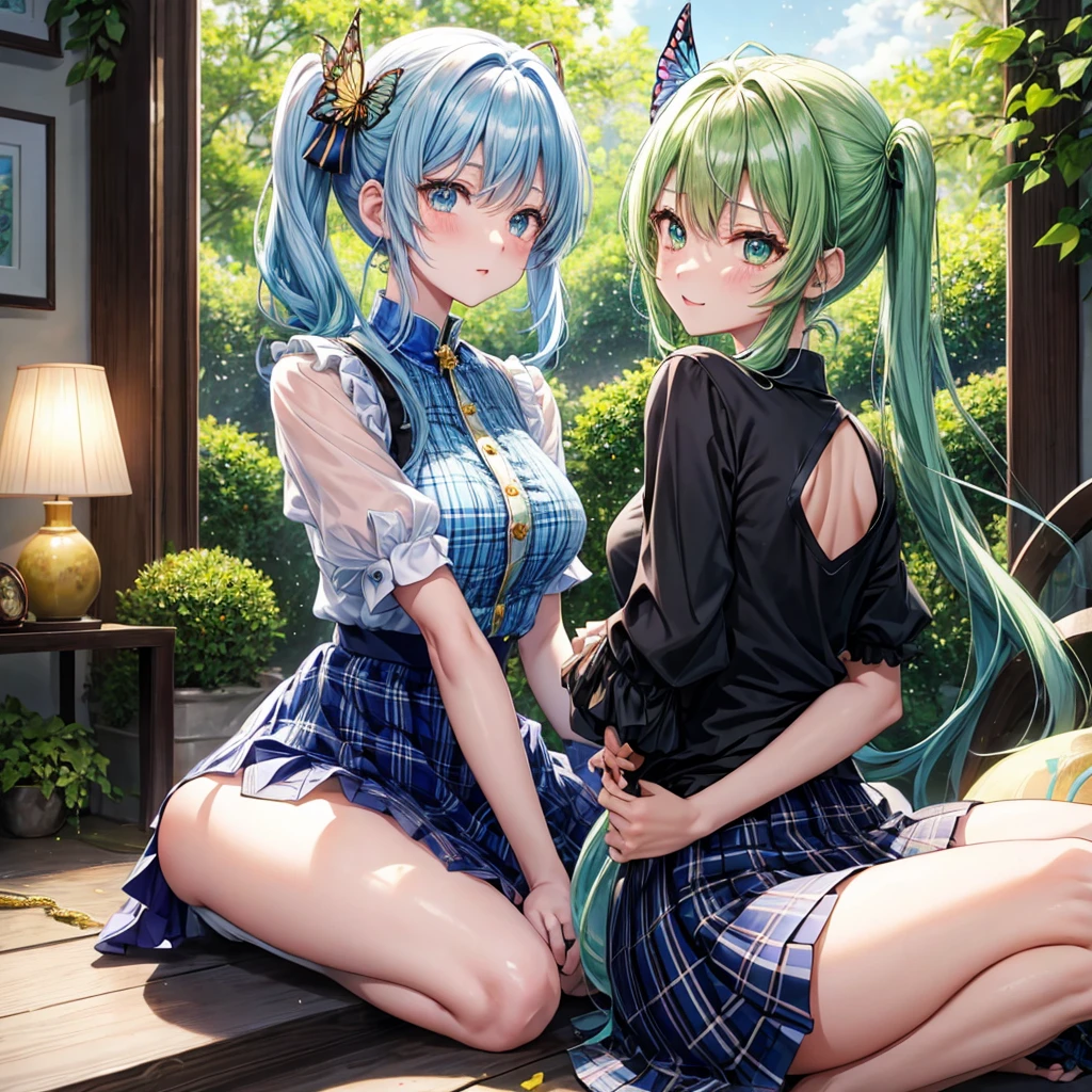 Blue-green hair、poneyTail、verd s eyes、one good looking girl、独奏、animesque、lightly dressed、Plaid miniskirt、a black T-shirt、fullmoon、Meteor swarm、large tree、Glittering starry sky、rainbow butterfly flying、Colorful marbles、sitting on、golden castle、flower petals、thread、Skysky、inside in room、Tea