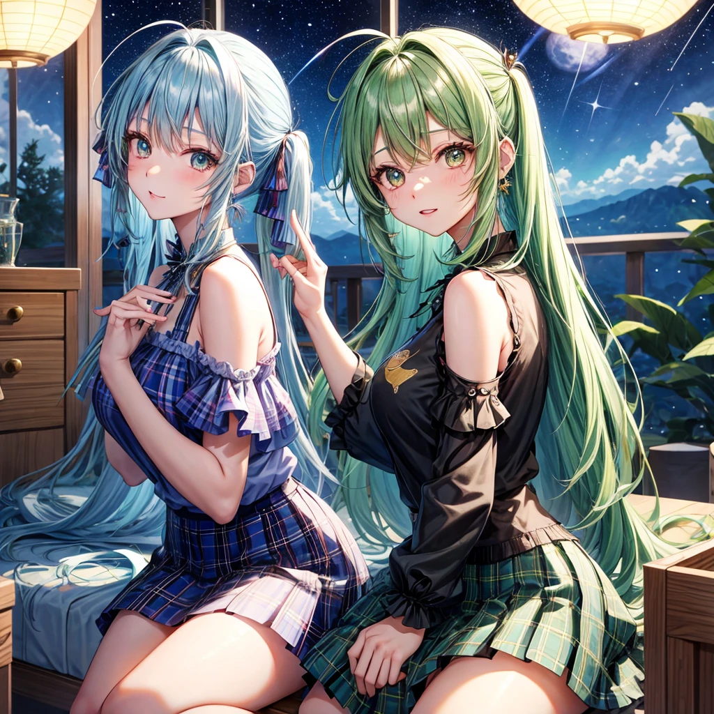 Blue-green hair、poneyTail、verd s eyes、one good looking girl、独奏、animesque、lightly dressed、Plaid miniskirt、a black T-shirt、fullmoon、Meteor swarm、large tree、Glittering starry sky、rainbow butterfly flying、Colorful marbles、sitting on、golden castle、flower petals、thread、Skysky、inside in room、Tea